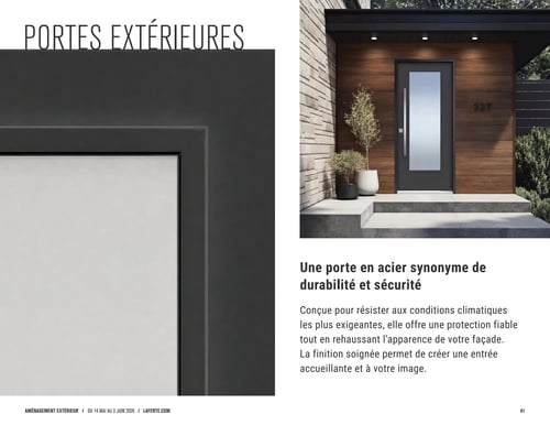 Laferté - Page 61. La page est dédiée aux portes extérieures. Sur la droite, une grande image montre une porte d'entrée moderne en acier de couleur anthracite avec un long panneau vitré vertical et une poignée argentée. La porte est intégrée dans une façade de maison contemporaine avec un revêtement en bois et des accents de pierre, agrémentée de deux plantes en pot. Le texte à droite de l'image principale indique : "Une porte en acier synonyme de durabilité et sécurité". Il est précisé que la porte est conçue pour résister aux conditions climatiques les plus exigeantes, offrant une protection fiable tout en rehaussant l'apparence de la façade, et que sa finition soignée permet de créer une entrée accueillante.