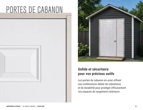 Circulaire Laferté - Page 66. La page est consacrée aux portes de cabanon. Sur la droite, une grande photo présente un cabanon gris foncé avec des portes doubles blanches à six panneaux, dotées d'une poignée centrale et d'une petite rampe en bois. Le cabanon est entouré d'arbres et de verdure. La partie gauche de la page montre un gros plan d'un panneau de porte blanc. Le texte principal annonce : "Solide et sécuritaire pour vos précieux outils." Il est ajouté que les portes de cabanon en acier offrent une combinaison idéale de robustesse et de durabilité pour protéger efficacement les espaces de rangement extérieurs.