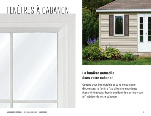 Circulaire Laferté - Page 72. La page est dédiée aux fenêtres à cabanon. Une grande image sur la droite présente un cabanon clair avec un toit brun, équipé d'une fenêtre fixe blanche encadrée de volets décoratifs bruns, entouré de verdure. Sur la gauche, un gros plan d'un cadre de fenêtre blanc est visible. Le texte explique que la fenêtre fixe est conçue pour être durable et sans mécanisme d'ouverture, offrant une excellente étanchéité et contribuant à améliorer le confort visuel en apportant de la lumière naturelle à l'intérieur du cabanon.