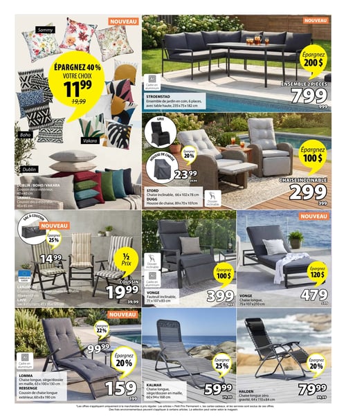 Circulaire Jysk - Page 6. La page présente des offres sur le mobilier et les accessoires d'extérieur. En haut à gauche, une sélection de coussins décoratifs d'extérieur des collections Dublin, Boho, Vakara (40x40 cm) et Sammy (45x45 cm) est offerte à 11,99 $ chacun, une économie de 40 % sur le prix régulier de 19,99 $. À droite, l'ensemble de jardin en coin Stroemstad de 6 places avec table haute (235 x 75 x 182 cm), doté d'un cadre en aluminium, est à 799 $, une économie de 200 $ sur le prix de 999 $. Plus bas, une chaise inclinable Stord (66 x 102 x 78 cm) avec dossier inclinable est proposée à 299 $, soit 100 $ de rabais. Une housse de chaise Dugg (89 x 70 x 107 cm) est également disponible à 23,99 $, une économie de 20 %. Dans la partie centrale gauche, un sac à coussins Ljuv (45 x 55 x 125 cm) est à 14,99 $, une économie de 25 %. Le coussin extérieur Langmose pour chaise inclinable (49 x 6 x 117 cm), fabriqué en Europe, est à moitié prix à 19,99 $ (prix régulier 39,99 $). À droite, le fauteuil inclinable Vonge avec cadre en aluminium (71 x 107 x 83 cm) est à 399 $, une économie de 100 $. Juste à côté, la nouvelle chaise longue Vonge (75 x 107 x 210 cm) est à 479 $, soit 120 $ de rabais. En bas à gauche, la chaise longue Lomma avec cadre en aluminium et siège/dossier en maille (63 x 100 x 130 cm) est à 159 $, une économie de 20 %. Le coussin de chaise longue extérieur Rebsenge (60 x 8 x 190 cm) est à 99,99 $, une économie de 22 %. Au centre en bas, la chaise longue Kalmar avec siège/dossier en maille (60 x 94 x 168 cm) est à 59,99 $, une économie de 25 %. Enfin, à droite, la chaise longue zéro gravité Halden (64 x 110 x 84 cm) est à 79,99 $, une économie de 20 %.