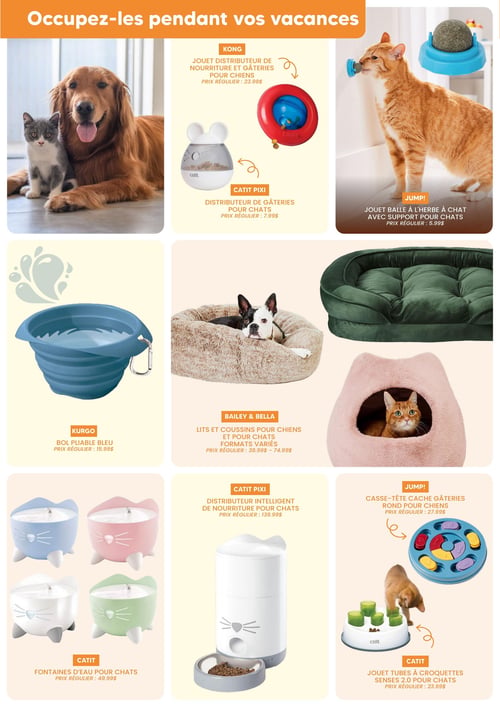 Circulaire Chico Boutique d'Animaux - Page 5. La page est intitulée "Occupez-les pendant vos vacances". En haut à gauche, une photo de style de vie montre un chien Golden Retriever et un chaton gris et blanc. Dans la section supérieure droite, un jouet distributeur de nourriture et gâteries Kong pour chiens est présenté, prix régulier 23,99 $. Juste en dessous, un distributeur de gâteries Catit Pixi pour chats est à 7,99 $ prix régulier. À l'extrême droite, un jouet balle à l'herbe à chat Jump! avec support pour chats est offert, prix régulier 5,99 $. Au centre gauche, un bol pliable bleu Kurgo est disponible à 15,99 $ prix régulier. Au centre, des lits et coussins Bailey & Bella pour chiens et chats sont présentés en formats variés, avec des prix réguliers allant de 39,99 $ à 74,99 $. Un lit vert foncé et un lit beige avec un chien Boston Terrier sont illustrés. À droite du centre, un lit-cachette rose en forme de tête de chat abrite un chat roux, sans prix affiché. En bas à gauche, quatre fontaines d'eau Catit pour chats sont montrées en couleurs assorties (bleu, rose, blanc, vert), toutes à 49,99 $ prix régulier. Au centre en bas, un distributeur intelligent de nourriture Catit Pixi pour chats est à 139,99 $ prix régulier. En bas à droite, un casse-tête cache-gâteries rond Jump! pour chiens est à 27,99 $ prix régulier. En dessous, un jouet tubes à croquettes Senses 2.0 Catit pour chats est à 23,99 $ prix régulier.