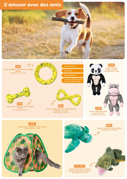 Circulaire Chico Boutique d'Animaux - Page 7. La page est intitulée "S'amuser avec des amis" et présente en haut un chien de race Beagle courant dans l'herbe, tenant un bâton dans sa gueule. La section des jouets pour chiens inclut : un jouet anneau lesté Zeus de 16 cm, jaune moucheté de bleu, à 17,99 $. Il est flottant, résistant, rebondissant et de couleur parfaite pour la vision des chiens. Un jouet os flexible Zeus de 16 cm, jaune moucheté de bleu, est offert à 12,99 $. Un jouet anneaux Zeus en 8 à tirer de 22 cm, jaune moucheté de bleu, est à 15,99 $. Un jouet panda Jump! pour chiens est à 21,99 $. Un jouet hippopotame Jump! pour chiens est également à 21,99 $. La section des jouets et accessoires pour chats et chiens propose : une tente motif jungle Jump! pour chats, orange et verte, avec un chat gris en train d'entrer, à 12,99 $. Un jouet tortue Kong pour chiens, vert, est à 25,99 $. Enfin, un jouet poisson à queue frétillante Tall Tails pour chiens, vert olive, est à 29,99 $.
