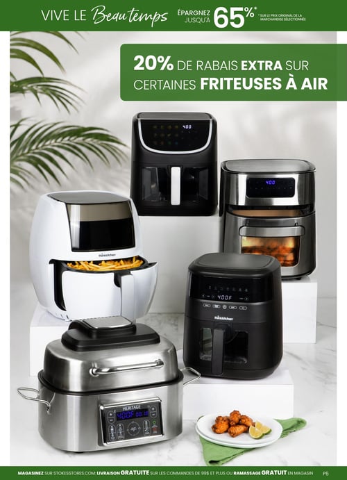 Circulaire Stokes - Page 5. La page met en vedette une promotion sur les friteuses à air. Économisez jusqu'à 65 % sur le prix original de la marchandise sélectionnée, avec un rabais extra de 20 % sur certaines friteuses à air. Cinq modèles de friteuses à air sont présentés : une friteuse noire avec affichage numérique, une friteuse en acier inoxydable avec affichage numérique, une friteuse blanche de marque thinkkitchen remplie de frites, une friteuse noire de marque thinkkitchen avec affichage numérique à 400F, et un appareil de cuisson multifonction en acier inoxydable de marque HERITAGE, affichant 400F et 00:18, avec des ailes de poulet et des quartiers de lime à côté. Magasinez sur stokesstores.com pour la livraison gratuite sur les commandes de 99 $ et plus, ou optez pour le ramassage gratuit en magasin.