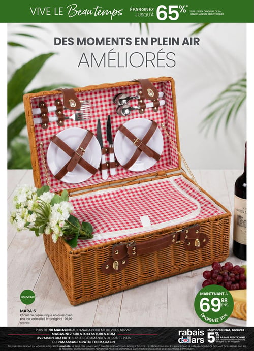 Circulaire Stokes - Page 20. La page met en vedette un grand panier de pique-nique en osier ouvert, garni d'une doublure à carreaux rouges et blancs, de deux assiettes blanches attachées avec des sangles en cuir, et d'un ensemble de couverts. Le panier est posé sur une surface claire, avec des grappes de raisin et une bouteille de vin en arrière-plan. Le produit, identifié comme "MARAIS", est un panier de pique-nique en osier avec ensemble de vaisselle, marqué "Nouveau!". Son prix est de 69,98 $, représentant une économie de 30 % sur le prix original de 99,99 $. En haut de la page, un bandeau vert affiche "Vive le Beautemps" et une promotion générale "Épargnez jusqu'à 65 % sur le prix original de la marchandise sélectionnée". En bas, des informations sur les services de Stokes sont fournies : "Plus de 90 magasins au Canada", "Magasinez sur stokesstores.com", "Livraison gratuite sur les commandes de 99 $ et plus ou ramassage gratuit en magasin". Les membres CAA reçoivent un rabais additionnel de 5 % sur l'ensemble de leurs achats en ligne ou en magasin.