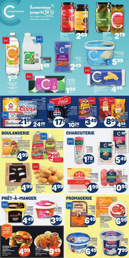 Circulaire Marché Bonichoix - Page 3. La page annonce des économies allant jusqu'à 20 % sur les grandes marques nationales. On y trouve la sauce ou trempette Compliments de 350 ml à 2,69 $, les marinades Compliments (cornichons sucrés ou manzanilles farcies) de 375 ml à 2,79 $, la boisson d'eau pétillante Compliments Fizzy de 1 L à 1,29 $, le vinaigre blanc Compliments de 1 L à 1,49 $, les bretzels Compliments de 400 g à 2,49 $, la crème glacée Compliments de 1,5 L à 5,99 $, les mouchoirs de papier Compliments de 126 feuilles à 1,99 $ et le produit de fromage fondu tranché Compliments de 400 g à 4,49 $.

Dans la section des boissons et collations, la bière Budweiser, Coors Light ou Sleeman Original (12 x 355 ml) est offerte à 21,99 $ à l'achat de 2 caisses ou plus, ou 24,49 $ l'unité. Le Pepsi ou Coca-Cola (12 x 355 ml) est à 17,00 $ à l'achat de 2 caisses ou plus, ou 10,29 $ l'unité. Les biscuits Dare Patte d'Ours (170 à 240 g) sont à 3,49 $. Les croustilles Lay's (177 à 235 g) sont à 2 pour 8,00 $ ou 4,69 $ l'unité.

La boulangerie propose les tortillas Pom (6 à 10 unités) ou pains plats (480 g) à 4,99 $. Le bon pain tranché Villaggio Classico ou Bon Matin (550 à 675 g) est à 2,00 $ à l'achat de 2 pains. Les gâteaux Yoyo Saveurs du Four (emballage de 6) sont à 4,99 $. Les petits pains viennois Nature (emballage de 12) sont à 4,99 $.

La charcuterie inclut le pepperoni Roma à 1,79 $ par 100 g, la poitrine de poulet rôtie au four Compliments de 175 g à 5,49 $, les charcuteries tranchées Gaspésien (simili poulet) de 200 g à 4,99 $ et le trio de charcuterie Compliments de 250 g à 10,99 $.

La section prêt-à-manger offre la salade ou salade de chou St-Hubert Crémeuse de 544 g à 4,49 $, la sauce pour pâtes Compliments de 300 ml à 3,99 $, le sandwich croissant ou baguette C'est Prêt! à 4,99 $ et le repas de poulet frit C'est Prêt! (2 morceaux, frites, salade et sauce) à 9,49 $.

Enfin, la fromagerie présente le fromage Gouda Monsieur Gustav de 170 g à 6,49 $, le fromage brie, double crème ou camembert Compliments (170 à 200 g) à partir de 6,99 $, le fromage Feta ou Bocconcini Tre Stelle (150 à 200 g) à 6,49 $ et le fromage Burratini Bella Casara de 125 g à 7,99 $.