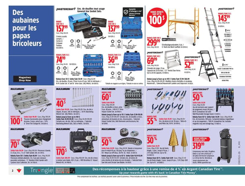 Circulaire Canadian Tire - Page 2. La page est intitulée "Des aubaines pour les papas bricoleurs".

En haut de page, on trouve plusieurs ensembles d'outils Mastercraft et de l'équipement de travail. Un ensemble de douilles tout usage de 270 pièces est à 157,99 $ (rég. 264,99 $). Un autre ensemble de douilles tout usage de 233 pièces est à 137,99 $ (rég. 244,99 $). Un ensemble de douilles de 128 pièces est à 74,99 $ (rég. 129,99 $). Un ensemble de douilles de 60 pièces est à 36,89 $ (rég. 73,99 $). Un échafaudage polyvalent Mastercraft de 6 pieds est à 299,99 $ (rég. 399,99 $). Une échelle à rallonge Mastercraft de 16 pieds est à 143,99 $ (rég. 179,99 $). Un chevalet de sciage Mastercraft de 22 pouces est à 69,99 $ (rég. 109,99 $). Un escabeau Mastercraft de 4,5 pieds est à 52,99 $ (rég. 82,99 $).

Au centre de la page, d'autres offres d'outils. Un ensemble de clés à cliquet Mastercraft de 24 pièces est à 40 $ (rég. 119,99 $). Un ensemble de douilles Mastercraft de 48 pièces est à 60 $ (rég. 99,99 $). Un ensemble de pinces Mastercraft de 10 pièces est à 55 % de rabais (rég. 69,99 $). Un ensemble de tournevis Mastercraft de 69 pièces avec support mural est à 50 % de rabais (rég. 24,99 $). Une trousse d'accessoires Maximum pour changement de pneu de 5 pièces est à 100 $ (rég. 199,99 $).

En bas de page, on voit une ponceuse orbitale aléatoire Maximum de 5 pouces avec ramasse-poussière cyclonique à 70 $ (rég. 169,99 $). Une clé à chocs Maximum à moteur sans balais de 40 volts est à 170 $ (rég. 280,99 $). Un jeu de forets étagés Mastercraft de 3 pièces est à 30 % de rabais (rég. 24,79 $). Un compresseur d'air Mastercraft de 26 gallons est en achat spécial à 319,99 $.
