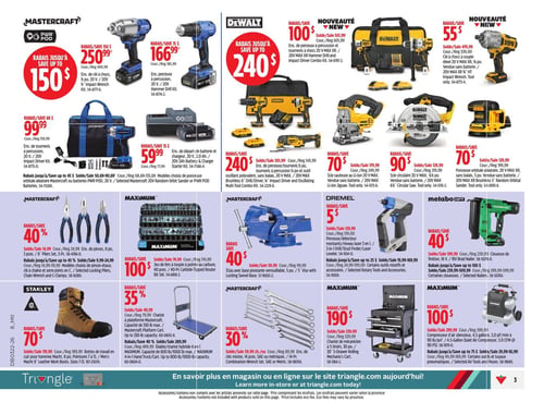 Circulaire Canadian Tire - Page 3. La page présente une variété d'outils électriques et d'équipement d'atelier. En haut, on trouve des outils Mastercraft, incluant une perceuse à percussion 20 V à 250,99 $ (rég. 400,99 $) et un ensemble de clé à chocs 20 V à 166,99 $ (rég. 185,99 $). Des outils DeWalt sont aussi en vedette avec des rabais allant jusqu'à 240 $, comme un ensemble de perceuse à percussion et perceuse à chocs 20 V MAX XR à 100 $ (rég. 501,99 $) et une nouvelle perceuse à chocs 20 V MAX XR à 55 $ (rég. 470,99 $). Plus bas, un ensemble de tournevis à percussion Mastercraft 20 V est à 99,99 $ (rég. 159,99 $) et un ensemble de départ de batterie et chargeur 20 V est à 59,99 $ (rég. 77,99 $). D'autres outils DeWalt incluent un ensemble multi-outil 20 V MAX à 240 $ (rég. 410,99 $), une scie sauteuse au Li-ion 20 V MAX à 70 $ (rég. 179,99 $), une scie circulaire 20 V MAX à 90 $ (rég. 129,99 $) et une ponceuse orbitale aléatoire 20 V MAX XR à 70 $ (rég. 129,99 $). La section suivante propose un ensemble de pinces Mastercraft (8 pièces, 3 pièces / 8 pouces) avec 40 % de rabais, à 14,99 $ (rég. 24,99 $). Un jeu de fers à toupie Maximum de 40 pièces est à 100 $ (rég. 174,99 $). Un étau Mastercraft avec base pivotante est à 59,99 $ (rég. 99,99 $) avec 40 % de rabais. Un perceuse/détecteur de montants/niveau laser Dremel 3 en 1 est à 129,99 $ (rég. 139,00 $) avec 5 $ de rabais. Une cloueuse de finition Metabo HPT 18 V est à 199,99 $ (rég. 239,99 $) avec 40 % de rabais. Enfin, des bottes de travail en cuir Stanley pour hommes sont à 119,99 $ (rég. 189,99 $) avec 70 $ de rabais. Un chariot à plateforme Mastercraft est à 49,99 $ (rég. 79,99 $) avec 35 % de rabais. Un ensemble de clés mixtes Maximum de 14 pièces est à 59,99 $ (rég. 89,99 $) avec 30 % de rabais. Un chariot de mécanicien Maximum à 5 tiroirs est à 339,99 $ (rég. 529,99 $) avec 190 $ de rabais. Un compresseur d'air silencieux Maximum de 4,5 gallons est à 299,99 $ (rég. 399,99 $) avec 100 $ de rabais.