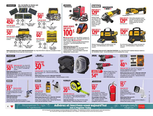 Circulaire Canadian Tire - Page 5. La page présente des outils et équipements pour l'atelier. En haut, des ensembles de douilles en chrome noir Stanley sont offerts avec des rabais allant jusqu'à 90 $. Par exemple, un ensemble de 4127 pièces avec 72 dents et différentes tailles de prise est à 450 $. Un ensemble de 203 pièces est à 199,99 $ et un ensemble de 99 pièces est aussi à 199,99 $. Un ensemble de 236 pièces est à 169,99 $. À côté, des produits Lincoln Electric incluent une soudeuse à fil MIG-PAK 180, 230 volts, à 999,99 $ (rabais jusqu'à 100 $) et un casque de soudage auto-obscurcissant à 299,99 $ (rabais jusqu'à 700 $). La section DeWalt propose des outils électriques avec 40 % à 60 % de rabais : une meuleuse d'angle sans balais 20 volts MAX de 4 ½ pouces à 129,99 $, un outil oscillant vibrant à moteur sans balais 20 volts MAX à 129,99 $, une perceuse-tournevis à moteur sans balais au lithium, ½ pouce, 20 volts MAX à 129,99 $, et un ensemble de tournevis à percussion à moteur sans balais 20 volts MAX, ¼ pouce, à 129,99 $. Au centre de la page, une clé à douille articulée Stanley Pro de 15 pouces, prise ½ pouce, est à 12,49 $ (50 % de rabais). Des clés dynamométriques Stanley sont offertes de 99,99 $ à 109,99 $ (rabais jusqu'à 50 %). Des genouillères tout terrain Tommyco GELite sont à 27,99 $ (30 % de rabais). Une meuleuse d'angle Skil de 4 ½ pouces, 5,5 ampères, en paquets de deux, est un achat spécial à 54,99 $. Des ensembles d'embouts de tournevis magnétiques DeWalt de 57 pièces sont à 11,98 $ (40 % de rabais), et des ensembles de forets et trousses d'installation de serrure de porte sont offerts de 11,98 $ à 62,99 $ (rabais jusqu'à 45 %). En bas de page, un pince-manuel Irwin Quick-Lift de 10 pouces est à 69,99 $ (55 % de rabais). Des serre-joints, séparateurs et tournevis Irwin sont de 26,99 $ à 49,99 $ (rabais jusqu'à 15 $). Un moulinet avec craie bleue Irwin est à 22,99 $ (30 % de rabais). Des rubans à mesurer Irwin sont de 4,99 $ à 39,99 $ (rabais jusqu'à 50 %). Un ruban à mesurer autobloquant Komelon est à 11,99 $ (20 % de rabais). Des rubans à mesurer Komelon sont de 2,99 $ à 37,99 $ (rabais jusqu'à 25 %). Enfin, des produits Garrison incluent un extincteur d'incendie intensif de 10 livres à 93,99 $ (rabais de 10 $) et un extincteur d'incendie polyvalent de 2 livres à 29,99 $. Une caméra intelligente Wi-Fi Hawk 3 est à 56,49 $ (rabais de 15 $), et d'autres caméras intelligentes sont de 38,74 $ à 114,74 $ (rabais jusqu'à 25 %).