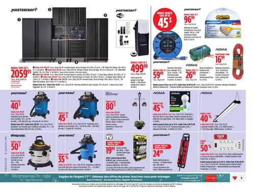 Circulaire Canadian Tire - Page 6. La page présente des articles pour le garage et l'extérieur. Un système de rangement Mastercraft est offert à 2059,93 $, un rabais de 620 $. Des composants individuels sont aussi en solde : une armoire haute à 469,99 $, une armoire murale à 169,99 $, une armoire basse à 2 portes à 249,99 $, une armoire basse à 4 tiroirs à 349,99 $ et un panneau perforé robuste à 39,99 $. Un ouvre-porte de garage à montage latéral Mastercraft est à 499,99 $, économisez 50 $. Des rallonges et accessoires électriques sont en vedette : un dévidoir rétractable Mastercraft de 30 pieds à 59,49 $, une rallonge de qualité entrepreneur Mastercraft de 100 pieds à 96,99 $, une boîte d'extérieur Noma à l'épreuve des intempéries à 26,99 $ et une rallonge d'extérieur Noma de 16 pieds à 16,99 $. Plusieurs aspirateurs sec/humide sont en promotion : un Mastervac de 30 litres, 4,0 HP à 40 $, un Mastervac de 60 litres, 5,0 HP à 45 $, un Shop-vac en acier inoxydable de 30 litres à 50 $, et un Mastervac de 22 litres avec accessoires à 35 % de rabais. Pour l'éclairage, une lampe solaire d'extérieur Living avec jardinière est à 80 $, des ampoules DEL Noma de 60W (paquet de 2) sont à 45 % de rabais, et un luminaire d'atelier DEL Noma de 4 pieds est à 40 % de rabais. Enfin, on trouve du ruban double face Alien Tape à 19,99 $, une barre d'alimentation Mastercraft à 8 prises à 24,99 $, et une barre d'alimentation Noma à 8 prises et 4 ports USB à 50 % de rabais.