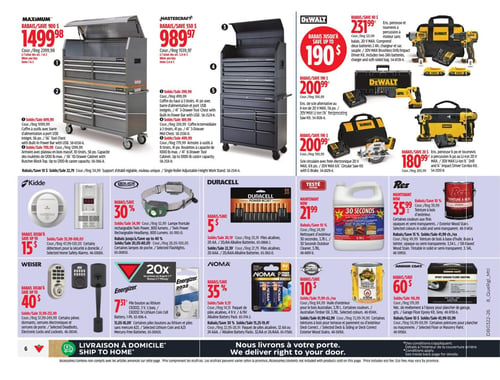 Circulaire Canadian Tire - Page 7. La page présente des outils et accessoires pour l'atelier et la maison. En haut, un coffre à outils Maximum avec barre d'alimentation à port USB, 56 pièces, capacité de 1200 lb, est à 1499,98 $ (rég. 2399,98 $). À côté, une armoire à outils Mastercraft en bois massif, 10 tiroirs, capacité de 1000 lb, est à 989,97 $ (rég. 1539,97 $). La section DeWalt propose plusieurs ensembles : un ensemble perceuse et tournevis à percussion au lithium-ion 20 V MAX avec 2 batteries et chargeur à 231,99 $ (rabais jusqu'à 190 $); une scie alternative au lithium-ion 20 V MAX à 200,99 $ (rabais 190 $); une scie circulaire avec frein électronique 20 V MAX à 200,99 $ (rabais 190 $); et un ensemble perceuse et tournevis à percussion au lithium-ion 20 V MAX à 180,99 $ (rabais 20 $). Dans la partie inférieure de la page, on trouve : des détecteurs Kidde pour la sécurité à domicile, incluant des détecteurs de fumée et de monoxyde de carbone, avec un rabais allant jusqu'à 15 $; une lampe frontale rechargeable Police Security à double faisceau, 800 lumens, avec 30 % de rabais; des piles alcalines Duracell AA ou AAA, paquets de 20 ou 24, à 5 $; le nettoyant d'extérieur 30 secondes, 3,78 L, est à 21,99 $; la teinture à bois d'extérieur Rez, plusieurs couleurs, 3,78 L, est à 35,99 $, et une teinture à bois à base d'huile, 3,54 L, est à 41,99 $; des serrures électroniques et serrures de porte Weiser, avec un rabais allant jusqu'à 40 $; des piles au lithium Energizer CR2032, paquet de 3, à 7,31 $, et des piles au lithium et sans mercure A23, paquet de 20, sont entre 13,03 $ et 18,09 $; des piles alcalines Noma, paquets de 4 ou 9 V, avec 35 % de rabais; l'huile d'extérieur Cabot pour bois australien, 3,78 L, plusieurs couleurs, est à 10 $ de rabais, et des teintures pour terrasse et parement ou d'extérieur, 3,78 L, sont entre 61,99 $ et 62,99 $; le revêtement à l'époxy Armor Coat pour plancher de garage, gris, est à 60 $ de rabais, et des peintures pour plancher ou maçonnerie sont entre 72,99 $ et 74,99 $.