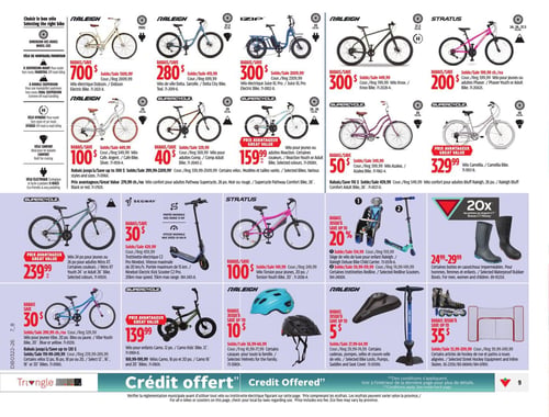 Circulaire Canadian Tire - Page 11. La page présente une sélection de vélos et d'accessoires. En haut, plusieurs vélos sont en promotion : le vélo électrique Dobson de Raleigh à 700 $ (rég. 1599,99 $), le vélo Delta City de Raleigh à 280 $ (rég. 699,99 $), le vélo électrique Juice XL de Zipp à 300 $ (rég. 2099,99 $), le vélo Knox de Raleigh à 300 $ (rég. 449,99 $) et le vélo Phaser ou Youth ou Adult de Stratos à 200 $ (rég. 399,99 $). La rangée suivante propose : le vélo Café Argent de Raleigh à 100 $ (rég. 449,99 $), le vélo Comp pour adultes de Supercycle à 40 $ (rég. 369,99 $), le vélo Azalea de Supercycle à 50 $ (rég. 349,99 $), le vélo Camellia de Supercycle à 329,99 $ (rég. 439,99 $) et le vélo Nitro XT Youth de Supercycle à 239,99 $ (rég. 449,99 $). Des rabais sont offerts sur les vélos Pathway Supercycle 26 po (jusqu'à 300 $) et sur le vélo confort pour adultes Bluff Raleigh 26 po (110 $ de rabais). Plus bas, on trouve la trottinette électrique Ninebot Kick Scooter C2 Pro de Segway avec 30 $ de rabais (rég. 429,99 $), le vélo Torsion Youth de Stratos à 100 $ (rég. 329,99 $), le siège de vélo pour enfant Deluxe de Raleigh et certaines trottinettes Redline avec jusqu'à 20 % de rabais. Des bottes en caoutchouc imperméables pour hommes, femmes et enfants sont offertes entre 24,99 $ et 29,99 $, avec 20x les primes en argent CT. Enfin, la dernière rangée inclut : le vélo Vibe Youth de Supercycle avec 30 $ de rabais (rég. 329,99 $), le vélo Camo ou Kids de Supercycle à 139,99 $ (rég. 199,99 $), des casques Raleigh pour toute la famille avec jusqu'à 10 $ de rabais, des cadenas, pompes, selles et couvre-selles de vélo Raleigh avec jusqu'à 5 $ de rabais, et certains articles de hockey de rue et patins à roues alignées avec jusqu'à 35 $ de rabais.