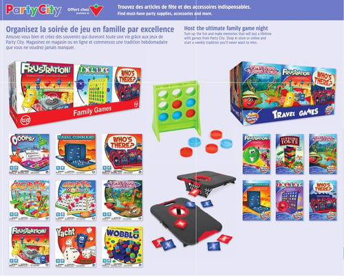Circulaire Canadian Tire - Page 14. La page est dédiée aux jeux de société Party City. En haut, un bandeau indique "Party City offert chez Canadian Tire. Trouvez des articles de fête et des accessoires indispensables." Le titre principal est "Organisez la soirée de jeu en famille par excellence". Deux grandes boîtes de jeux sont présentées : une boîte rouge "Family Games" incluant Frustration!, Inline et Who's There?, et une boîte bleue "Travel Games" avec 3D Serpents et Échelles, Frustration! et Who's There?. Au centre, un grand jeu vert de type "Connect 4" avec des jetons rouges et bleus, ainsi qu'un jeu de lancer de sacs de sable (cornhole) noir et rouge avec deux plateformes et des sacs de sable. En bas, une grille de jeux individuels inclut : OOOPS!, Naval Command, Who's There?, Gigantik, Gigantik Bingo, 3D Serpents et Échelles, Frustration!, Yacht, Wobblo, Tumbling Tower, et Inline.