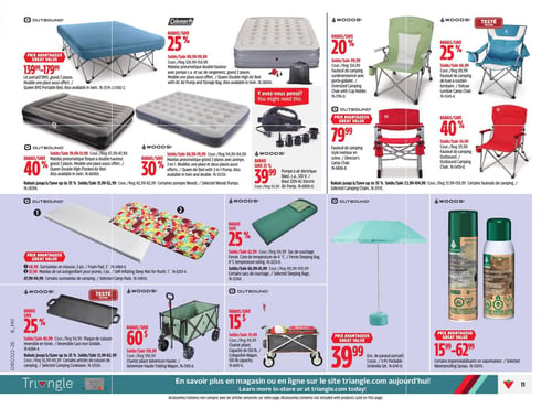 Circulaire Canadian Tire - Page 15. La page présente une variété d'articles de camping. En haut à gauche, un lit portatif BYO grand 2 places est offert entre 139,99 $ et 179,99 $. À côté, un matelas pneumatique double hauteur Coleman avec pompe et sac de rangement, grand 2 places, est à 25 % de rabais. Une pompe à air électrique Blast de 120 V est à 39,99 $. Deux fauteuils de camping Woods sont présentés : un surdimensionné avec porte-gobelet à 20 % de rabais, et un de luxe à soutien lombaire à 25 % de rabais. Au centre, un matelas pneumatique floqué Outbound grand 2 places est à 40 % de rabais, et un matelas pneumatique Woods grand 2 places avec pompe est à 30 % de rabais. Deux autres fauteuils de camping sont en promotion : un style metteur en scène à 79,99 $ et un autre fauteuil Outbound à 40 % de rabais. En bas, des matelas autogonflants Outbound pour jeunes (1 po) et des surmatelas en mousse (3 po) sont offerts avec jusqu'à 75 % de rabais. Un sac de couchage Woods pour 4 °C est à 25 % de rabais. Un ensemble de parasol portatif 3 pièces Outbound est à 39,99 $. Des imperméabilisants en vaporisateur sont disponibles entre 15,99 $ et 62,99 $. Une plaque de cuisson réversible en fonte Woods est à 25 % de rabais. Deux chariots pliants sont également en vedette : un chariot pliant Adventure Hauler Woods à 60 % de rabais, et un chariot pliant Outbound d'une capacité de 150 livres à 15 % de rabais.