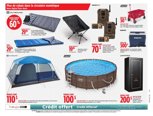 Circulaire Canadian Tire - Page 16. La page présente des articles de camping et de plein air. On y trouve deux sacs de couchage confort Outbound, cote de température 6 °C, à 29,99 $ chacun (rabais de 50 %). Une fauteuil bas compact Outbound est offerte à 19,99 $ (rabais de 60 %). Pour la surveillance, un paquet de deux caméras cellulaires Muddy avec carte SD et piles est à 70 $ (rabais de 131,89 $). Un chariot Coleman 4 en 1, d'une capacité de 100 kg, est disponible à 119,99 $ (rabais de 30 %). Une glacière électrique Igloo de 17 litres est à 300 $ (rabais de 349,99 $). Pour le camping, une tente cabine Outbound à grande fenêtre pour 10 personnes est à 110 $ (rabais de 189,99 $). Une piscine ronde Coleman Power Steel à aspect rotin, de 18 pieds x 52 pouces, est à 100 $ (rabais de 129,99 $). Enfin, une armoire à fusils Huntshield pour 24 à 30 armes est proposée à 200 $ (rabais de 399,99 $). Un message indique "Crédit offert" et des avertissements concernant les piscines hors terre et les écofrais.