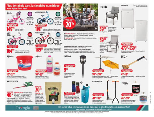Circulaire Canadian Tire - Page 18. La page présente plusieurs offres de rabais numériques. Quatre vélos pour enfants sont mis en vedette : un vélo Barbie rose de 14 pouces pour les 3 à 5 ans à 149,99 $; un vélo Supercycle bleu de 16 pouces pour les 5 à 7 ans à 119,99 $; un vélo Monster High rose de 18 pouces pour les 6 à 7 ans à 164,99 $; et un vélo de montagne Supercycle rouge de 20 pouces pour les 7 à 9 ans à 189,99 $. Dans la section Living et Noma, un ensemble de patio Bluebay est offert avec des rabais allant jusqu'à 20 %. Un fauteuil rembourré Bluebay est à 59,99 $ (rég. 69,99 $). Un fauteuil en toile tendue Bluebay, gris, est à 39,99 $ (rég. 44,99 $). Des climatiseurs portatifs Noma sont offerts entre 479,99 $ et 539,99 $. Les produits Aquarius pour piscine incluent divers articles d'entretien entre 10,99 $ et 37,99 $, et d'autres produits de piscine entre 10,99 $ et 16,99 $. Une lampe solaire sur piquet à filament en V est à 9,99 $. Des parasols Canvas et For Living sont entre 99,99 $ et 299,99 $. Des brosses de barbecue Master Chef sont entre 4,99 $ et 18,99 $. Une taille-haie de 20 volts avec batterie et chargeur, ainsi qu'une souffleuse à feuilles sans fil de 20 volts avec batterie et chargeur, sont offerts avec 40 $ de rabais. Un stimulateur de sol TerraBrae de 2 kg est à 9,99 $ (rég. 12,99 $). Des gants performants, 3 paires, sont à 9,99 $. Des outils de jardin Fiskars sont entre 44,99 $ et 99,99 $. Des bonbonnes de propane sont entre 46,99 $ et 99,99 $ (vendues vides).