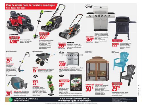 Circulaire Canadian Tire - Page 21. La page présente des produits pour l'entretien extérieur et le jardin. En haut à gauche, une tondeuse à siège Troy-Bilt de 17,5 HP, 42 po, est affichée à 3208,99 $. À côté, un ensemble tondeuse et coupe-herbe Greenworks 2 en 1, 60 V, 13 po, est à 500,99 $. Une tondeuse Worx 2 en 1, 40 V, 14 po, avec batterie, est à 299,99 $. Pour les barbecues, un modèle convertible Master Chef de 58 000 BTU, 4 brûleurs, est à 369,99 $, et un barbecue Prime Master Chef de 30 000 BTU, 3 brûleurs, est à 199,99 $. Au centre, une coupe-bordure électrique Yardworks de 5 A, 14 po, est en rabais de 25 % (prix régulier 59,99 $). Une brouette Yardworks à 2 roues, 6 pi³, est en rabais de 35 % (prix régulier 199,99 $). Une plaque chauffante au gaz Vida de 5 brûleurs est en rabais de 200 $ (prix régulier 699,99 $). Une balançoire de jardin Canvas Valencia avec moustiquaire est en rabais de 30 % (prix régulier 579,99 $). Des fauteuils Adirondack Living, très grands, sont offerts à 29,99 $ l'unité en plusieurs couleurs. En bas, un dévidoir mural automatique de tuyau Yardworks est en rabais de 20 % (prix régulier 149,99 $). Un jardin vertical intérieur et extérieur Garant est en rabais de 55 % (prix régulier 149,99 $). Enfin, un produit Scotts Grub B Gon de 3 kg est à 74,99 $. La page mentionne également la livraison à domicile.
