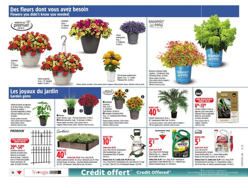 Circulaire Canadian Tire - Page 23. La page présente des offres sur les fleurs et les articles de jardinage. La section supérieure, intitulée "Des fleurs dont vous avez besoin", met en vedette des variétés Premier Choix, incluant des jardinières de 14 po. et 12 po., des plantes pollinisatrices de 9 po., des paniers suspendus de 12 po. et des pots de plantes pollinisatrices géantes de 5 po. On y trouve aussi des buissons à floraison facile Bloomin' Easy de 2 gallons. La section "Les joyaux du jardin" propose des plants de légumes et fines herbes, des plantes vertes vivaces de 2 gallons, des plantes annuelles de 1 gallon, et des jardinières tournesol Pixie ou Sunbeckia Pixie de 9 po. Le palmier Cataractarum de 10 po. est offert avec 40 % de rabais. Des bulbes à fruits et légumes pour le jardin sont disponibles entre 6,99 $ et 13,99 $. En bas de page, des clôtures et barrières de jardin Panacea sont en vente de 29,99 $ à 34,99 $. Le jardin surélevé Everbloom de 36 po x 36 po est à 40 % de rabais, à 59,99 $. Un pulvérisateur à dos Elite est affiché à 143,99 $. Des produits Scotts Weed B Gon Max, comme la recharge de 4 L et l'herbicide en vaporisateur de 4 L, bénéficient d'un rabais de 5 $. Enfin, des produits Ortho Home Defense MAX, incluant l'insecticide prêt à l'emploi de 4 L, le fourmicide Ant B Gon Max de 4 L et le pulvérisateur à piles Ant B Gon Max de 4 L, sont également offerts avec un rabais de 5 $.