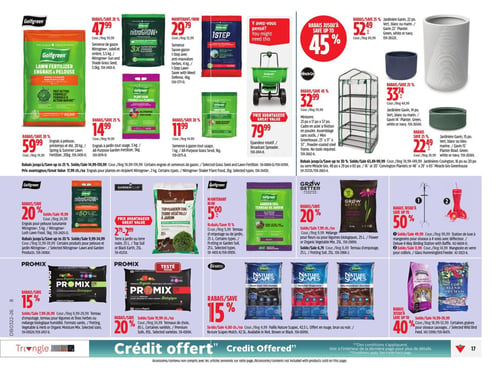 Circulaire Canadian Tire - Page 24. La page présente des produits pour le jardinage et l'aménagement paysager. En haut à gauche, l'engrais à pelouse Golfgreen, printemps et été, 20 kg, est à 59,99 $. L'engrais à jardin tout usage Nitrogrow+, 3,5 kg, est à 47,99 $. La semence de gazon Istep avec anti-mauvaises herbes, 1 kg, est à 29,79 $. Un engrais à jardin tout usage, 5 kg, est à 14,99 $, et une semence de gazon tout usage, 1 kg, est à 11,99 $. Un épandeur rotatif est offert à 79,99 $. Au centre droit, des rabais jusqu'à 45 % sont appliqués sur les jardinières Gavin : le modèle de 22 po est à 52,49 $, celui de 14 po à 33,74 $ et celui de 15 po à 22,49 $. Une miniserre en acier de 23 po x 17 po x 57 po est à 32,99 $. Au milieu de la page, des rabais de 20 % sont offerts sur le terreau de jardin Golfgreen, 25 L, et sur l'engrais pour pelouse luxuriante Nitrogrow+, 5 kg. Le terreau de jardin ou terre noire Garden Club, 25 L, est à 2,79 $ ou 2,99 $. Le terreau d'empotage ou de jardin Golfgreen, 25 L, est à 5,00 $. Des rabais de 20 % sont aussi disponibles sur le mélange pour fleurs ou légumes biologiques Grow Better, 25 L, et sur le terreau d'empotage Grow Better, 25 L. Des rabais jusqu'à 50 % sont offerts sur la station de luxe à mangeoires pour oiseaux à 4 voies avec déflecteur, à 49,99 $, et sur la mangeoire en verre pour colibris, à 11,99 $. En bas de page, le terreau d'empotage Promix, 28 L, est à 7,99 $ (rabais de 15 %), et le modèle de 85 L est à 19,99 $ (rabais de 20 %). Le paillis Nature Scapes Scotts, 42,5 L, est à 4,00 $ (rabais de 15 %), disponible en rouge, brun ou noir. Enfin, certaines graines pour oiseaux sauvages Red Ribbon sont à 14,99 $ (rabais de 40 %).