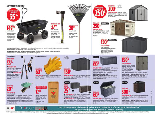 Circulaire Canadian Tire - Page 25. La page présente des outils de jardinage et des solutions de rangement extérieur. En haut, un chariot de jardin Yardworks d'une capacité de 600 livres est à 149,99 $ (rabais de 15 %). Une hache à fendre Yardworks de 5 livres est à 37,99 $ (rabais de 35 %). Un râteau en poly de 30 pouces Yardworks est à 29,99 $ (rabais de 20 %). Plusieurs remises extérieures sont offertes : une remise Arrow de 8 pi x 10 pi avec 200 $ de rabais, une remise de jardin Duramax en résine vinyle de 10,5 pi x 8 pi avec 250 $ de rabais, et une remise extérieure Duramax en métal de 10,5 pi x 8 pi avec 150 $ de rabais. Au centre, des outils Fiskars sont en rabais jusqu'à 35 % : des cisailles à haies télescopiques à 29,99 $ et un sécateur à contre-lame Power Curve à 24,99 $. Des gants de travail en cuir pleine fleur Yardworks sont à 60 % de rabais. Une remise d'extérieur Arrow en métal de 10 pi x 10 pi est à 150 $ de rabais. En bas, deux brouettes sont disponibles avec 20 % de rabais : une brouette en acier de 5 pi³ à 109,99 $ et une brouette en poly de 8 pi³ à 179,99 $. Un paquet de 20 sacs pour résidus de jardin de 10 pi³ est à 12,99 $. Des solutions de rangement Keter incluent : un coffre de terrasse style rotin de 156 gallons avec 60 $ de rabais, un coffre de terrasse d'aspect bois de 290 gallons avec 60 $ de rabais, une remise de rangement verticale de 54 pi³ avec 150 $ de rabais, et une remise en résine DecoCoat de 7 pi x 7 pi avec 300 $ de rabais.