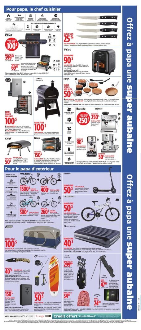 Circulaire Canadian Tire - Page 27. La page est divisée en deux sections principales. La première, "Pour papa, le chef cuisinier", présente : un BBQ au propane Chef à 399,99 $ (rabais jusqu'à 100 $), un gril portatif au propane Chef à 69,99 $, un ensemble de 5 couteaux de cuisine avec 25 % de rabais, une friteuse à air T-fal avec un rabais de 90 $, un fumoir électrique Master Chef avec un rabais allant jusqu'à 100 $, un foyer à granules Traeger avec un rabais de 100 $, un ensemble de 12 pièces de batterie de cuisine Ninja avec un rabais allant jusqu'à 50 $, un four à pizza extérieur au propane Chef avec un rabais de 50 $, un four grille-pain à convection Ninja avec un rabais de 150 $, et plusieurs machines à espresso Breville avec des rabais allant jusqu'à 250 $ pour certains modèles, 90 $ pour la Barista Express et 50 $ pour une autre machine à espresso. La deuxième section, "Pour le papa d'extérieur", propose : des vélos Raleigh avec des rabais allant jusqu'à 1500 $ pour un vélo électrique, 400 $ pour un vélo de montagne, 300 $ pour un vélo hybride pour femme et 260 $ pour un vélo hybride pour adulte; une trottinette électrique Zip avec un rabais de 50 $; un vélo de montagne Supercycle avec un rabais de 50 $; une tente Coleman pour 6 personnes avec un rabais de 100 $; un matelas pneumatique double Outbound avec un rabais de 40 $; un couteau pliant avec 40 % de rabais; un coffre-fort SentrySafe avec un rabais de 150 $; une planche à pagaie gonflable avec pompe et pagaie avec un rabais de 50 $; un ensemble de golf Matrix avec sac à 299,99 $; un sac de golf sur pied Matrix à 47,99 $; un sac de 48 balles de golf Callaway à 34,99 $; et une boîte de 12 balles de golf Callaway à 24,49 $.