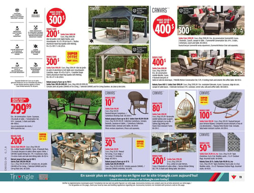 Circulaire Canadian Tire - Page 28. La page présente une variété de meubles et accessoires d'extérieur. En haut à gauche, un abri de jardin Skyline en aluminium à toit rigide avec moustiquaire, 12 x 12 pi ou 12 x 10 pi, est offert avec 200 $ de rabais, à 1699,99 $ (rég. 1899,99 $). À côté, un abri de jardin Coastline en aluminium à toit rigide avec moustiquaire, 10 x 10 pi, est à 999,99 $ (rég. 1299,99 $) avec 300 $ de rabais, une super offre. Sur la droite, plusieurs ensembles de conversation sont présentés : l'ensemble Summerhill de 6 pièces à 2299,99 $ (rég. 2599,99 $) avec 300 $ de rabais, l'ensemble Melville de 5 pièces à 899,99 $ (rég. 1299,99 $) avec 400 $ de rabais, et l'ensemble Edemvale de 4 pièces à 1999,99 $ (rég. 2599,99 $) avec 600 $ de rabais. Le fauteuil berçant Summerhill est vendu séparément. Au centre de la page, un achat spécial propose un ensemble de conversation de 4 pièces à 299,99 $. Un fauteuil berçant Canterbury est à 109,99 $ (rég. 119,99 $) avec 10 $ de rabais. Une balancelle ovoïde Sydney avec support est à 419,99 $ (rég. 499,99 $) avec 80 $ de rabais, une super offre. Un fauteuil berçant Kipawo pour terrasse est à 199,99 $ (rég. 299,99 $) avec 100 $ de rabais. En bas de page, un ensemble de salle à manger Sauble Canvas de 7 pièces est à 999,99 $ (rég. 1199,99 $) avec 200 $ de rabais. Un parasol de 7,5 pi, beige, est à 39,99 $ (rég. 59,99 $) avec 30 % de rabais. Un ensemble de salle à manger Vernon Wicker de 7 pièces est à 1799,99 $ (rég. 2299,99 $) avec 500 $ de rabais. Enfin, des tapis d'extérieur de 6 x 9 pi sont à 24,99 $ (rég. 49,99 $) et des tapis d'extérieur tissés à plat de 6 x 8 pi sont à 64,99 $ (rég. 129,99 $), les deux avec 50 % de rabais.