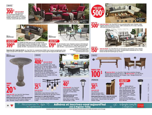 Circulaire Canadian Tire - Page 29. La page présente des ensembles de mobilier de patio et des solutions d'éclairage extérieur. En haut à gauche, l'ensemble de conversation Rosendale Canvas de 6 pièces (2 fauteuils, 2 poufs, canapé et table basse) est à 1299,99 $, avec un rabais de 200 $. À droite, l'ensemble de conversation Baffin Canvas de 9 pièces (6 fauteuils, 2 tables d'appoint, table basse et housse) est à 1199,99 $, avec un rabais de 500 $. Au centre gauche, un ensemble modulaire For Living avec table en verre est à 399,99 $. Juste en dessous, un ensemble de conversation For Living de 4 pièces (2 fauteuils, caisse et table basse) est à 179,99 $. Au centre droit, l'ensemble de conversation en osier Sandstone For Living de 4 pièces (2 fauteuils, causeuse et table avec plateau en verre trempé) est à 599,99 $, avec un rabais de 150 $. En bas à gauche, des bains d'oiseaux classiques ou antiques sont offerts avec 20 % de rabais, à partir de 79,99 $. Au centre, un cordon lumineux robuste Montmarte Canvas de 30 pieds avec 4 ampoules est à 49,99 $, avec 25 % de rabais. Des capuchons de poteau solaires Noma sont à 15,99 $, avec 20 % de rabais. Des lampes solaires Noma ou Canvas sélectionnées sont offertes avec jusqu'à 50 % de rabais. En bas à droite, des lampes solaires sur piquet For Living (6 par paquet) sont à 9,99 $. Des cordons lumineux d'extérieur vintage Edison ou Canvas sont à 49,99 $. Enfin, une table à dîner en aluminium Okangan Canvas est à 599,99 $ (rabais de 100 $) et des fauteuils à dîner en aluminium et osier Okangan (2 par paquet) sont à 499,99 $ (rabais de 100 $).