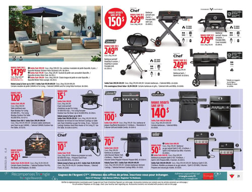 Circulaire Canadian Tire - Page 30. La page présente des offres sur l'ameublement de patio et les équipements de cuisson extérieurs. En haut à gauche, un ensemble de patio modulaire Baysville CANVAS de 6 pièces, incluant un parasol et une chaise longue, est offert à 1479,97 $, avec un rabais de 550 $. À droite, plusieurs barbecues portatifs sont en vedette : un Master Chef avec chariot à 299,99 $ (rabais jusqu'à 150 $), un Vermont Castings avec housse à 279,99 $ (rabais de 50 $), un Coleman Roadtrip X-cursion à 249,99 $ (rabais de 150 $), et un Master Chef de type baril à 249,99 $ (rabais de 50 $). La section centrale propose des foyers d'extérieur : un foyer-table carré Bluebay For Living de 40 000 BTU à 120 $ (rabais de 120 $), et un foyer rond portatif For Living de 54 000 BTU max à 15 $ (rabais de 15 $). Un barbecue Napoleon est également mis en avant avec des rabais allant jusqu'à 140 $. En bas de page, un foyer d'extérieur rectangulaire est disponible avec un rabais allant jusqu'à 50 $. Une friteuse sur pied au propane Master Chef est à 70 $ (rabais de 10 $). Enfin, des barbecues Weber Spirit E-425, à 4 brûleurs, sont offerts à partir de 649,99 $ pour le modèle au propane et 699,99 $ pour le modèle au gaz naturel, avec un rabais de 50 $.