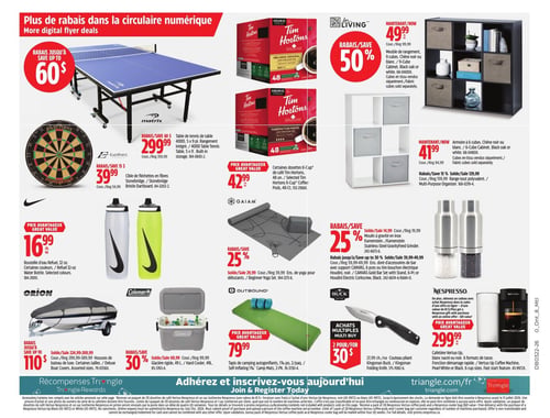 Circulaire Canadian Tire - Page 31. La page présente des articles pour la maison, le sport et le plein air. En haut à gauche, une table de tennis Matrix est offerte à 299,99 $, avec un rabais allant jusqu'à 60 $. Juste en dessous, une cible de fléchettes en fibres Stonebridge est à 39,99 $, avec un rabais de 15 $. Deux bouteilles d'eau Nike Refuel de 32 onces, de couleurs variées, sont à 16,99 $ chacune. Au centre, des dosettes de café Tim Hortons, 48 unités, sont à 42,99 $. À droite, un meuble de rangement à 9 cubes, chêne noir ou blanc, est à 49,99 $ (rabais de 50 %). Une armoire à 6 cubes, chêne noir ou blanc, est à 41,99 $. Les cubes en tissu sont vendus séparément. Dans la partie inférieure de la page, des housses de bateau de luxe Orion sont en rabais jusqu'à 110 $. Une glacière rigide Coleman de 49 litres est à 79,99 $, avec un rabais de 30 %. Un tapis de camping autogonflant Outbound est à 79,99 $. Un moulin à gravité en acier inoxydable Kamenstein est en rabais de 25 %. Un ensemble d'accessoires de bar CANVAS est également en rabais de 25 %. Un couteau pliant Kingsman Buck est proposé à 2 pour 30 $. Enfin, une cafetière Vertuo Up Nespresso, blanche ou noire, avec 6 formats de tasse, est à 299,99 $.