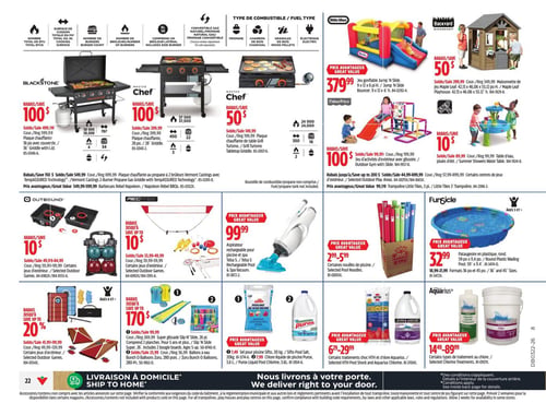 Circulaire Canadian Tire - Page 32. La page présente des articles pour l'extérieur, incluant des plaques chauffantes, des jeux et des accessoires de piscine. On y trouve la plaque chauffante Blackstone 36 po avec couvercle, 38 000 BTU, à 499,99 $ (rabais de 100 $), la plaque chauffante Master Chef 28 po, 37 500 BTU, à 299,99 $ (rabais de 100 $), et la plaque chauffante de table Master Chef à 99,99 $ (rabais de 50 $). Des rabais jusqu'à 150 $ sont offerts sur les plaques chauffantes au propane à 2 brûleurs Vermont Castings et des prix avantageux sur les barbecues Rebel Napoleon. Pour les jeux d'extérieur, un jeu gonflable Little Tikes Jump N Slide est à 379,99 $, la maisonnette de jeu Backyard Discovery Maple Leaf à 379,99 $ (rabais de 50 $), le jeu d'activités d'extérieur Fisher-Price avec glissoire à 99,99 $ (rabais de 100 $), et la table d'eau Summer Showers à 39,99 $ (rabais de 10 $). Des rabais jusqu'à 200 $ sont offerts sur les aires de jeux d'extérieur sélectionnées. La cuisinière de camping Outbound à 2 brûleurs est à 49,99 $ (rabais de 10 $). Des jeux d'extérieur Outbound et Rec-Tek sélectionnés sont à 33,99 $ (rabais de 10 $). Un aspirateur rechargeable pour piscine et spa est à 99,99 $. D'autres jeux d'extérieur Outbound sélectionnés sont offerts avec jusqu'à 20 % de rabais, à partir de 41,99 $. La Super Glissade N' Slide Rec-Tek 26 pi, incluant 2 planches et 2 boogie boards, est à 269,99 $ (rabais jusqu'à 170 $). Les ballons Bunch O Balloons Rec-Tek sont à 23,99 $. Pour la piscine, des nouilles de piscine sont à 2,99 $, la pataugeoire ronde FunSicle 36 po ou 45 po est à 32,99 $. Le sel de piscine Sifto 20 kg ou le liquide de piscine Purox 3,8 L est à 6,29 $. Les traitements HTH et chlore Aquarius sélectionnés sont à 29,99 $, et d'autres traitements de chlore Aquarius sélectionnés sont à partir de 14,49 $.