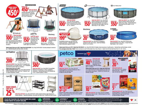 Circulaire Canadian Tire - Page 33. La page présente une variété d'articles pour l'extérieur et les animaux de compagnie. En haut, un jeu en bois Brightside est offert avec un rabais allant jusqu'à 450 $. Plusieurs trampolines sont en promotion : un modèle de 12 pieds à 100 $ de rabais, un de 15 pieds à 150 $ de rabais, un de 10 pieds à 180 $ de rabais, et un trampoline Springfree de 8 x 11 pieds à 200 $ de rabais. Des piscines sont également en vedette : une piscine Coleman de 18 pieds x 52 pouces à 100 $ de rabais, une Hydro-Force de 15 pieds x 48 pouces à 150 $ de rabais, une Outbound de 16 pieds x 48 pouces à 350 $ de rabais, une pataugeoire Bestway de 10 pieds x 26 pouces à 20 $ de rabais, et une piscine ronde Summer Waves de 12 pieds x 30 pouces à 30 $ de rabais. Un îlot gonflable Intex avec pare-soleil est à 199,99 $. Un spa gonflable Bestway pour 4 personnes est à 380 $ de rabais. La section Petco propose des rabais sur les produits pour animaux : jusqu'à 10 % sur certaines gâteries et nourriture pour chats Fancy Feast, jusqu'à 40 % sur un tour et lit en rotin pour chats, et jusqu'à 20 % sur certaines litières pour chats, incluant World's Best Cat Litter. La nourriture pour chiens et chats Country Harvest est à 10 % de rabais. En bas de page, des articles d'organisation sont offerts avec jusqu'à 25 % de rabais, incluant des cintres de linge, range-chaussures et chariots utilitaires. Des gâteries pour chiens et chats sont à 10 % de rabais, et certaines gâteries et nourriture pour chiens et chiots Alpo et Pedigree sont offertes avec un rabais allant jusqu'à 5 $.