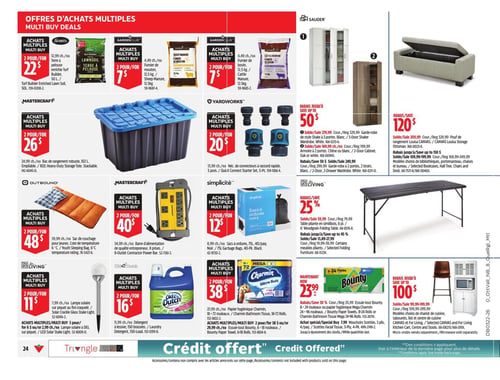 Circulaire Canadian Tire - Page 34. La page présente des offres d'achats multiples et des rabais sur divers produits pour la maison et le jardin.
Dans la section des achats multiples :
* Le terreau enrichi Scotts Turf Builder, 50 L, est à 2 pour 22 $.
* Le fumier de mouton GardenClub, 12,5 kg, est à 2 pour 7 $.
* Le fumier de bovin GardenClub, 12,5 kg, est à 2 pour 7 $.
* Le bac de rangement robuste Mastercraft, 102 L, est à 2 pour 26 $.
* L'ensemble de démarrage à raccord rapide Yardworks, 5 pièces, est à 2 pour 20 $.
* Le sac de couchage Outbound pour jeunes, conçu pour 8 °C, est à 2 pour 48 $.
* La barre d'alimentation de qualité entrepreneur Mastercraft, 8 prises, est à 2 pour 40 $.
* Les sacs à ordures Simplicité, 40 paquets, sont à 2 pour 12 $.
* La lampe solaire sur piquet Living est à 2 pour 11 $, ou 3 pour 6 $ ou 2 pour 9 $ pour la lampe solaire à DEL sur piquet.
* Le détergent à lessive Old Dutch, 150 brassées, est à 2 pour 16 $.
* Le papier hygiénique Mega Charmin, 24 ou 72 rouleaux, ou l'essuie-tout Bounty, 6 ou 18 rouleaux, sont à 2 pour 38 $.

Dans la section des rabais :
* Jusqu'à 50 % de rabais sur les garde-robes de style Shaker 3 portes blanches, les armoires à 2 portes chêne ou blanches, et les garde-robes 2 portes avec 2 tiroirs blancs de Sauder.
* Jusqu'à 120 $ de rabais sur le pouf de rangement Louisa Canvas.
* 25 % de rabais sur la table pliante en similibois Living de 6 pieds.
* L'essuie-tout Bounty, 8 ou 24 rouleaux, est maintenant à 23,99 $. Une offre spéciale est aussi disponible pour les mouchoirs Scotties, 3 plis, 4 paquets.
* Jusqu'à 100 $ de rabais sur les modèles choisis de chariots de cuisine, tabourets, îlots et centres de cuisine Canvas et Living.