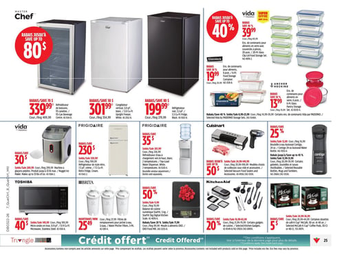 Circulaire Canadian Tire - Page 35. La page présente des électroménagers et articles de cuisine. En haut, trois réfrigérateurs Master Chef : un réfrigérateur de boissons de 115 canettes à 339,99 $ (rabais de 70 $), un congélateur vertical blanc de 3,0 pieds cubes à 301,99 $ (rabais de 50 $) et un réfrigérateur compact noir de 3,3 pieds cubes à 199,99 $ (rabais de 80 $). En dessous, une machine à glaçons Vida produisant jusqu'à 33 livres de glace est à 269,99 $ (rabais de 30 $). Un réfrigérateur de style rétro Frigidaire de 7,5 pieds cubes, crème, est à 539,99 $ (rabais de 230 $). Un refroidisseur d'eau Frigidaire à chargement par le haut, blanc, 2 températures, est à 201,99 $ (rabais de 35 $). Sur la droite, un ensemble de contenants pour aliments Vida par Paderno de 20 pièces est à 39,99 $ (rabais de 40 %). Un ensemble de contenants Glasslock de 6 pièces est à 19,99 $ (rabais de 30 %). Un ensemble de contenants Anchor Hocking de 6 pièces est à 13,99 $ (rabais de 30 %). Certains ensembles de contenants Vida par Paderno sont offerts à partir de 8,99 $ (rabais de 40 %). Des modèles choisis de scelleuses sous vide et accessoires Cuisinart sont à partir de 149,99 $ (rabais jusqu'à 50 %). Une bouteille d'eau Contigo Autoseal de 24 onces est à 12,69 $ (rabais de 25 %). Certains gobelets, bouteilles et tasses réutilisables Contigo sont à partir de 12,99 $ (rabais jusqu'à 45 %). En bas de page, un micro-ondes Toshiba de 0,9 pied cube est à 149,99 $ (rabais de 40 $). Des filtres de remplacement Brita, 3 par paquet, sont à 25,49 $. Une balance de cuisine numérique Starfrit de 5 kg est à 9,99 $ (rabais de 50 %). Certains gadgets de cuisine KitchenAid sont à partir de 16,99 $ (rabais de 20 %). Enfin, certaines dosettes de café McCafe K-Cup, 30 ou 48 unités, sont à partir de 29,99 $ (rabais de 5 $).