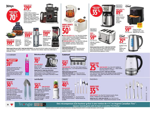 Circulaire Canadian Tire - Page 37. La page présente des offres sur des petits électroménagers et des articles de cuisine. En haut à gauche, la marque Ninja propose une friteuse à air chaud de 4 pintes à 199,99 $ (rabais de 20 $), une cafetière filtre et machine à espresso à 279,99 $ (rabais de 70 $), une machine à boissons Thirsti 3.0 à 199,99 $ (rabais de 50 $) et un mélangeur Auto-IQ Professional Plus à 119,99 $ (rabais de 30 $). Des rabais allant jusqu'à 100 $ sont offerts sur certains produits Ninja. Au centre, Black+Decker propose une cafetière thermique 12 tasses à 89,99 $ (rabais de 25 %) et un grille-pain 4 tranches à 59,99 $ (rabais de 25 %). Des rabais allant jusqu'à 60 % sont offerts sur certains petits électroménagers Black+Decker. À droite, Master Chef offre une friteuse à air chaud numérique de 6 pintes à 59,99 $ (rabais de 25 %) et une bouilloire en inox de 1,7 L à 25,99 $ (rabais de 25 %). Des rabais allant jusqu'à 50 % sont offerts sur certains produits Paderno, incluant une bouilloire, un grille-pain et une presse à panini. En dessous, SodaStream propose des cylindres de CO2 de 60 L à 39,99 $. KitchenAid offre un batteur sur socle classique à 209,99 $ (rabais de 70 $), avec des rabais de 30 $ sur certains modèles de mélangeurs, hachoirs ou batteurs à main. Cuisinart présente une presse à panini et sandwich à 49,99 $ (rabais de 50 $), avec des rabais allant jusqu'à 100 $ sur certains petits électroménagers Cuisinart. Salton propose une bouilloire en verre sans fil de 1,7 L à 29,99 $ (rabais de 25 %), avec des rabais allant jusqu'à 50 % sur certains produits Salton. En bas de page, Cuisinart offre un presse-ail ou un ouvre-boîte à 11,99 $ (rabais de 30 %), avec des rabais de 20 % sur certains ustensiles de cuisine Cuisinart. Nutribullet propose un mélangeur haute vitesse 900 W à 99,99 $ (rabais de 20 %), avec des rabais allant jusqu'à 25 % sur certains petits électroménagers Nutribullet. Canvas offre un service de couverts 20 pièces à 39,99 $ (rabais de 40 %), avec des rabais de 20 % sur certains services de couverts Canvas. Enfin, Paderno propose un service de couverts 20 pièces à fini poli à 49,99 $ (rabais de 35 %), avec des rabais de 40 % sur certains accessoires de cuisine Paderno.
