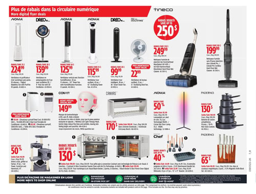 Circulaire Canadian Tire - Page 38. La page présente une variété de produits pour la maison, incluant des ventilateurs, des climatiseurs, des appareils de nettoyage et des articles de cuisine. En haut, plusieurs ventilateurs sont en promotion : un ventilateur et purificateur d'air numérique sans pales Noma, 10 vitesses, à 224,99 $ (rég. 299,99 $); un ventilateur en polypropylène Dreo, 9 po, avec oscillation 3D, à 139,99 $ (rég. 159,99 $); un ventilateur vertical Noma avec fonction humidificateur, 42 po, 12 vitesses, à 125,99 $ (rég. 179,99 $); un ventilateur tour Noma intelligent, 42 po, à 115,99 $ (rég. 154,99 $); et un ventilateur tour Dreo intelligent, 36 po, à 99,99 $ (rég. 119,99 $). Un ventilateur de bureau oscillant, 12 po, est à 22,99 $. Des rabais allant jusqu'à 250 $ sont offerts sur les nettoyeurs de plancher Tineco, dont le nettoyeur humide Hammerhead MessDetect à 249,99 $ (rég. 499,99 $) et le nettoyeur humide sans fil Litevak Pro Cordless à 199,99 $ (rég. 349,99 $). Plus bas, deux climatiseurs portatifs Conair sont disponibles : un modèle 10 000 BTU SACC à 701,99 $ et un modèle 5300 BTU SACC à 421,99 $. Un masque de luminothérapie à DEL sans fil Conair est à 149,99 $. Un banc d'entrée Canvas Overbrook est à 170 $ (rég. 369,99 $). Un lampadaire sur pied Noma RGBIC, 55,2 po, est à 59,99 $ (rég. 129,99 $). Une batterie de cuisine antiadhésive Paderno de 10 pièces est à 169,99 $ (rég. 299,99 $). Un arbre à chat, griffoir et hamac, 47 po, est à 49,99 $ (rég. 99,99 $). Des rabais allant jusqu'à 130 $ sont offerts sur les fours, incluant un four grille-pain à convection Cuisinart avec technologie à 4 tranches à 199,99 $ (rég. 329,99 $) et un four à air chaud Black-Decker, 2 portes, 6 tranches, à 229,99 $ (rég. 399,99 $). Des rabais allant jusqu'à 40 % sont offerts sur les produits Master Chef, dont un ensemble d'ustensiles de 8 pièces à 24,99 $ (rég. 35,99 $) et une rôtissoire de 12 po x 17 po à 25,99 $ (rég. 39,99 $). Enfin, un bloc et couteaux magnétiques Paderno de 6 pièces est à 89,99 $ (rég. 154,99 $).