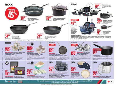 Circulaire Canadian Tire - Page 39. La page présente une variété d'articles de cuisine. En haut, la marque Rock offre des rabais allant jusqu'à 45 %. On y trouve une poêle géante antiadhésive de 30 cm à 39,99 $ (rég. 62,99 $), une casserole antiadhésive de 6 pintes à 39,99 $ (rég. 52,99 $), un wok antiadhésif forgé de 30 cm à 34,99 $ (rég. 49,99 $) et une poêle forgée antiadhésive de 30 cm à 29,99 $ (rég. 54,99 $). La section T-fal propose des rabais allant jusqu'à 50 %. Une batterie de cuisine antiadhésive de 9 pièces est à 79,99 $ (rég. 129,99 $). Un achat spécial présente une batterie de cuisine antiadhésive de 10 pièces à 49,99 $. On trouve aussi une poêle géante avec couvercle en verre de 5 pintes à 29,99 $ (rég. 44,99 $) et une poêle antiadhésive de 20 cm à 9,99 $ (rég. 19,99 $). Au centre, Lagostina offre un ensemble de batterie de cuisine plaquée 5 plis Finezza de 10 pièces à 150 $ de rabais (prix de vente 399,99 $, rég. 549,99 $). GreenPan propose un ensemble de batterie de cuisine en céramique de 11 pièces à 100 $ de rabais (prix de vente 229,99 $, rég. 329,99 $). Paderno présente une poêle plaquée hybride de 28 cm ou 32 cm à 60 $ de rabais (prix de vente 79,99 $, rég. 139,99 $). Starfrit offre une casserole antiadhésive de 2 pintes ou une marmite antiadhésive de 5 pintes à 15,99 $ (rég. 26,99 $). En bas, Wilton propose des rabais de 35 % sur certains plats de cuisson, avec un ensemble de 3 pièces à 12,99 $ (rég. 19,99 $). GreenPan offre jusqu'à 25 % de rabais sur certains plats de cuisson en céramique, comme un moule à 14,99 $ (rég. 19,99 $). Master Chef propose un four hollandais en fonte émaillée à 20 % de rabais (prix de vente 39,99 $, rég. 79,99 $) et une marmite en inox de 16 pintes à 25 % de rabais (prix de vente 49,99 $, rég. 69,99 $).