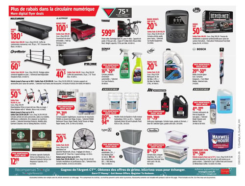 Circulaire Canadian Tire - Page 41. La page présente des rabais sur des accessoires automobiles, des produits d'entretien et des articles ménagers. En haut, un coffre de camionnette transversal Maximum noir de 70 po est à 499,99 $ (rabais de 180 $), un couvre-caisse enroulable Lund est à 399,99 $ (rabais de 100 $), et un porte-vélos d'attelage Thule Apex XT pour 4 vélos est à 599,99 $. Des articles audio pour automobile Scosche bénéficient d'un rabais allant jusqu'à 20 %, et une trousse de revêtement Herculiner pour caisse de camion est à 99,99 $ (rabais de 50 $). Au centre, un protège-cabine universel réglable en acier CargoMaster est à 149,99 $ (rabais de 60 $), et un coffre de camionnette Prime de 35 po est à 104,99 $ (rabais de 40 $). Une sélection de produits d'entretien automobile Sonax est offerte de 16,99 $ à 29,99 $, et le nettoyant et cire Zip Wax de 2,95 L est à 15,99 $ (rabais de 20 %). Des balais d'essuie-glace Bosch sont disponibles de 29,99 $ à 30,99 $. Plus bas, un déambulateur Drive à roues de 6 po, bleu ou rouge, est à 119,99 $ chacun (rabais de 50 %). Des papiers hygiéniques, essuie-tout et mouchoirs Frank sont offerts de 7,99 $ à 21,99 $. Une sélection d'huile moteur hydraulique ou d'huile moteur de 18,9 L ou 20 L est de 89,99 $ à 94,99 $. De l'huile pour engrenages est disponible de 11,99 $ à 79,99 $, et des nettoyants de frein et liquide de lave-glace de 4,49 $ à 11,99 $. En bas de page, des capsules Starbucks Vertuo Line Nespresso de 8 unités sont à 12,99 $. Un ventilateur de plancher Mastercraft de 20 po est à 49,99 $ (rabais de 20 %). Des bacs à loquet Sterilite ClearView de 14 L à 62 L sont offerts de 8,29 $ à 15,99 $. Enfin, des dosettes K-Cup de café ou café moulu ou en grains entiers Maxwell House sont de 17,99 $ à 30,99 $. La page se termine par une promotion pour gagner de l'Argent CT et obtenir des offres de prime.