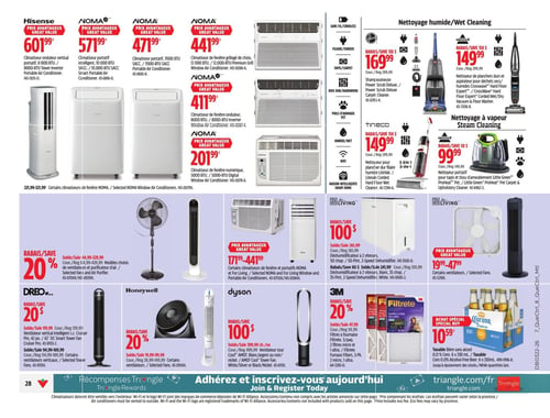 Circulaire Canadian Tire - Page 42. La page présente une variété d'appareils de climatisation, de nettoyage et de ventilation. Dans la section des climatiseurs, on trouve : un climatiseur onduleur vertical portatif Hisense de 8 000 BTU à 601,99 $; cinq modèles de climatiseurs NOMA, incluant un portatif intelligent de 10 000 BTU à 571,99 $, un portatif de 7 000 BTU à 471,99 $, un de fenêtre grillagé de 12 000 BTU à 441,99 $, un de fenêtre onduleur de 8 000 BTU à 411,99 $, et un de fenêtre numérique de 5 000 BTU à 201,99 $. Des climatiseurs de fenêtre NOMA sont offerts entre 221,99 $ et 321,99 $. La section Nettoyage humide et à vapeur propose : une shampouineuse Hoover Power Scrub Deluxe à 169,99 $ (rabais de 130 $); un nettoyeur de planchers durs et aspirateur Hoover CrossWave à 149,99 $ (rabais de 150 $); un nettoyeur pour plancher dur filaire Tineco LiteVak à 149,99 $ (rabais de 150 $); et un nettoyeur portatif Bissell Little Green à 99,99 $ (rabais de 50 $). Pour la ventilation et la purification d'air : un rabais de 20 % est appliqué sur des modèles choisis de ventilateurs et purificateurs d'air. On voit un ventilateur vertical intelligent Drevo Cruiser Pro ou Tower Fan à partir de 94,99 $ (rabais de 20 $); des ventilateurs ou purificateurs d'air Honeywell à partir de 26,99 $ (rabais de 20 %); et un ventilateur tour Dyson à 399,99 $ (rabais de 100 $). Des déshumidificateurs Living de 30 ou 35 chop. sont offerts avec un rabais de 100 $, pour un prix régulier de 261,99 $ ou 301,99 $. Certains ventilateurs Living sont disponibles entre 19,99 $ et 47,99 $. Enfin, des filtres à fournaise 3M Filtrete en paquets de 3 sont à 47,99 $ (rabais de 20 %), et une caisse de 6 bières sans alcool Corona de 350 ml est en spécial à 10,59 $.