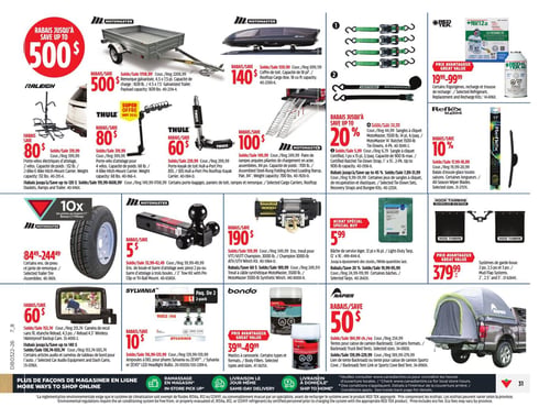 Circulaire Canadian Tire - Page 45. La page présente des rabais allant jusqu'à 500 $ sur divers accessoires automobiles et de plein air. On y trouve une remorque galvanisée Motomaster de 4,5 x 7,5 pieds, capacité de 1639 livres, en solde à 1708,99 $. Un coffre de toit Motomaster de 18 pieds cubes est en solde à 599,99 $. Des porte-vélos d'attelage Raleigh pour 2 vélos (capacité 132 livres) et Thule pour 4 vélos (capacité 68 livres) sont offerts à 319,99 $ chacun. Un porte-kayak de toit Thule Hull-A-Port Pro est à 239,99 $. Des rampes arquées pliantes en aluminium Motomaster, capacité de 700 livres, sont en solde à 249,99 $. Des rabais jusqu'à 20 % sont appliqués sur les sangles Motomaster, incluant des sangles à cliquet de 1500 livres, 14 pieds, 4 par paquet, à 44,99 $. Un réfrigérant et trousse de recharge Red Tek est à 19,99 $. Des balais d'essuie-glace toutes saisons Reflex Seasons sont offerts à partir de 17,99 $. Des pneus Motomaster, certains types, sont disponibles de 84,99 $ à 244,49 $. Des ensembles de boule et barre d'attelage Motomaster sont en solde à partir de 33,99 $. Un treuil VTT/VUTT Champion de 3000 livres est en solde à 159,99 $, ainsi qu'un treuil à câble synthétique Motomaster de 3500 livres. Une bâche de service légère de 12 pieds x 16 pieds est un achat spécial à 5,99 $. Des systèmes de garde-boue Rock Tamers sont à 379,99 $. Une caméra de recul sans fil et étanche est en solde à 153,74 $. Des ampoules à DEL Sylvania pour phares, paquet de 2, sont en solde à partir de 116,99 $. Des mastics à carrosserie Bondo, certains types et formats, sont à partir de 39,99 $. Enfin, des tentes Napier pour caisse de camion Backroadz, certains formats, sont en solde à partir de 184,99 $.