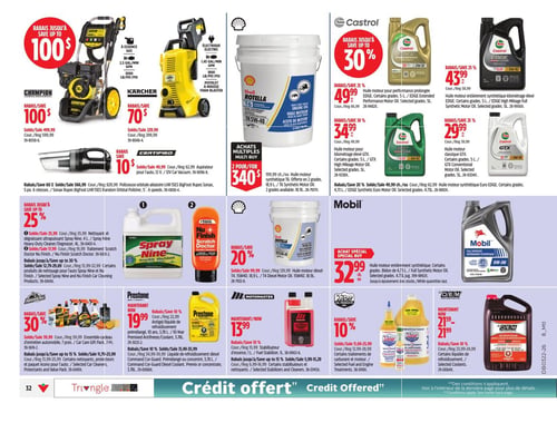 Circulaire Canadian Tire - Page 46. La page présente des offres sur des produits d'entretien automobile et des équipements de nettoyage. En haut, on trouve des nettoyeurs haute pression : un modèle Champion à essence de 3000 livres par pouce carré avec 100 $ de rabais, à 499,99 $, et un modèle Kärcher électrique de 1800 livres par pouce carré avec 70 $ de rabais, à 229,99 $. Un aspirateur d'auto 12 V est offert avec 10 $ de rabais, à 49,99 $. Plusieurs huiles moteur sont en promotion : l'huile diesel Shell Rotella T6 5W-40 de 18,9 litres est à 340 $ pour deux. Les huiles Castrol sont également en vedette avec des rabais de 20 % à 30 % : Castrol Edge performance prolongée 5 litres à 49,99 $, Castrol Edge kilométrage élevé 5 litres à 43,99 $, Castrol GTX kilométrage élevé 5 litres à 34,99 $, Castrol GTX classique 5 litres à 29,99 $, et Castrol Euro Edge 4,73 litres à 49,99 $. La section centrale propose des produits de nettoyage avec jusqu'à 25 % de rabais : le nettoyant dégraissant Spray Nine 4 litres à 25,99 $ et le traitement Nu Finish à 17,99 $. L'huile diesel Shell Rotella T4 15W40 de 18,9 litres est à 129,99 $ avec 20 % de rabais. L'huile moteur Mobil entièrement synthétique de 4,73 litres est à 32,99 $. L'antigel prémélangé Prestone de 3,78 litres est à 19,99 $ avec 10 % de rabais. Le stabilisateur Motomaster de 1 litre est à 13,99 $ avec 10 % de rabais. En bas de page, un ensemble d'entretien automobile ArmorAll de 7 pièces est à 39,99 $ avec 30 % de rabais. Le liquide de refroidissement concentré Prestone Command de 3,78 litres est offert avec jusqu'à 15 % de rabais, entre 25,99 $ et 34,99 $. Le traitement de carburant Lucas est à 11,69 $ à 25,99 $ avec 10 % de rabais. Enfin, le liquide de refroidissement OEM est à 21,99 $ avec 10 % de rabais.