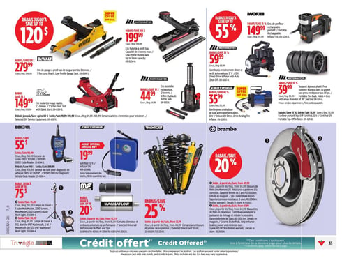 Circulaire Canadian Tire - Page 47. La page présente des rabais sur des équipements d'atelier et des pièces automobiles. En haut à gauche, un cric de garage DeWalt à profil bas, longue portée, 3 tonnes, est à 279,99 $. Un cric roulant à levage rapide Big Red Jacks, 3,5 tonnes, est à 149,99 $. Un cric hybride Motomaster à profil bas, 3 tonnes, est à 199,99 $. Un cric-bouteille hydraulique Motomaster, 12 tonnes, est à 44,99 $. En haut à droite, un ensemble de gonfleur portatif rechargeable Worx est à 149,99 $. Un gonfleur Motomaster à entraînement direct et arrêt automatique, 12 V, est à 59,99 $. Un gonfleur pneu analogique de luxe Certified, 12 V, est à 35,99 $. Un support à pneus pliant Motomaster est à 39,99 $. Un gonfleur portatif Certified, 12 V, est à 16,99 $. Au centre, un lecteur de codes OBD2 Innova est à 99,99 $, et un lecteur de codes pour diagnostic de véhicule Innova est à 299,99 $. Un gonfleur Certified 12 V est à 19,99 $. Des amortisseurs et jambes de suspension Monroe sont offerts avec un rabais de 25 %. Des silencieux et embouts universels de performance Magnaflow sont en rabais jusqu'à 20 $. En bas à gauche, une lampe de travail Motomaster à 3 pâles, 2200 lumens, est à 75,00 $. Une lampe de travail DEL étanche 9W est à 37,84 $. En bas à droite, des disques de frein Brembo à revêtement UV et des plaquettes de frein en céramique Brembo sont offerts avec un rabais de 20 %, à partir de 43,99 $ et 44,99 $ respectivement.
