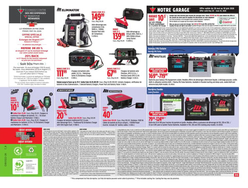Circulaire Canadian Tire - Page 49. La page met en avant une offre spéciale le vendredi 29 mai 2026 : obtenez 20 % de remise en Argent CT sur votre achat avant taxes lorsque vous échangez 100 $ ou plus d'Argent CT, équivalant à 50x l'Argent CT.

La section Eliminator propose des aides-démarreurs et chargeurs de batterie. On y trouve un aide-démarreur avec compresseur d'air de 1000 A à 149,99 $ (rabais de 70 $), un aide-démarreur au lithium de 1500 A à 139,99 $ (rabais de 35 $), un chargeur de batterie série atelier 15/3 A à 111,99 $ (rabais de 25 $), et un chargeur de batterie de précision 5/1 A à 67,99 $ (rabais de 15 $). Des rabais allant jusqu'à 70 $ sont offerts sur une sélection de chargeurs de batterie, blocs d'alimentation et testeurs de batterie.

Dans la section "Notre Garage", valide du 28 mai au 18 juin 2026, un rabais de 10 $ est offert sur une vidange d'huile synthétique avec filtre.

La section "Bateau/VR/Solaire" présente des batteries Nautilus pour bateaux, VR et systèmes solaires, incluant des modèles de démarrage, à décharge profonde, AGM scellées et AGM extrême-service, avec des prix variant de 169,99 $ à 719,99 $.

La section Battery Tender offre des chargeurs et mainteneurs de batterie : un modèle intelligent de 3 A à 75,99 $ (rabais jusqu'à 10 $) et un modèle de 0,75 A à 41,99 $.

La section Certified et Motomaster propose un chargeur de batterie traditionnel 10/2 A avec aide-démarreur 50 A à 103,99 $ (rabais de 20 %) et des câbles de batterie de 36 po à 159,99 $ (rabais de 40 $).

Enfin, la section "Parterre/Jardin" présente des batteries pour tracteurs de pelouse et de jardin, avec des puissances de démarrage de 150, 250 et 350 ampères de démarrage à froid, à des prix allant de 79,99 $ à 124,99 $.

Des informations détaillées sur les récompenses Triangle et les conditions générales sont incluses en bas de page.