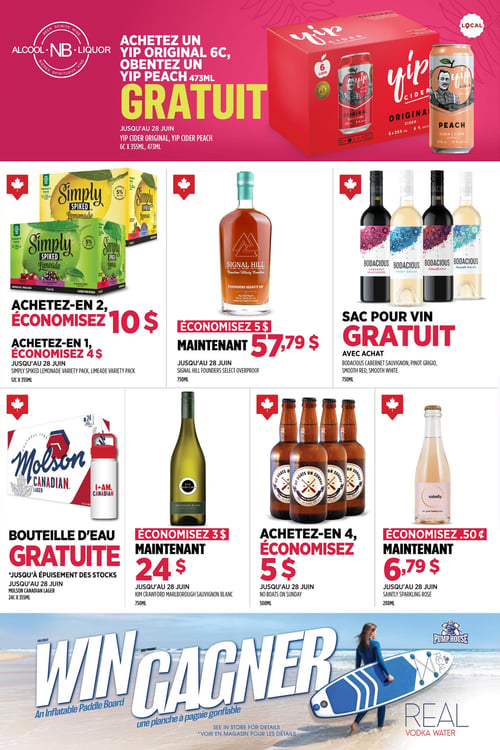 Alcool NB - Page 1. La page met en vedette les économies sur les spiritueux. L'offre principale permet d'économiser 10 $ sur chaque bouteille. On y voit deux bouteilles de rhum Captain Morgan de 1,14 L. Le rhum épicé Captain Morgan est maintenant à 42,49 $. Le rhum blanc Captain Morgan est maintenant à 36,29 $. Cette offre se termine le 7 juin. Un bouton invite à économiser sur les spiritueux.