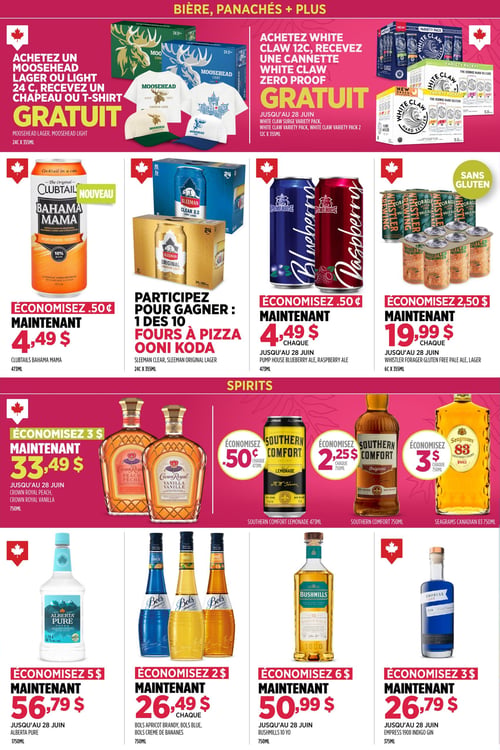Circulaire Alcool NB - Page 3. La page est divisée en deux sections principales : "Bière, Panachés + Plus" et "Spirits".

Dans la section "Bière, Panachés + Plus" :
Deux promotions sont offertes :
1. À l'achat d'un Moosehead Lager ou Light 24 canettes de 355 ml, recevez un chapeau ou un t-shirt gratuit. Cette promotion est valide jusqu'au 28 juin.
2. À l'achat d'un White Claw 12 canettes de 355 ml, recevez une canette White Claw Zero Proof gratuite. Cette promotion est valide jusqu'au 28 juin.

Les produits en rabais incluent :
- Clubtail Bahama Mama, 473 ml, maintenant 4,49 $ (économisez 0,50 $).
- Participez pour gagner 1 des 10 fours à pizza Ooni Koda à l'achat de Sleeman Clear ou Sleeman Original Lager, 24 canettes de 355 ml.
- Pump House Bleuet ou Framboise, 473 ml, maintenant 4,49 $ chaque (économisez 0,50 $), valide jusqu'au 28 juin.
- Whistler Forager Pale Ale sans gluten ou Lager, 6 canettes de 355 ml, maintenant 19,99 $ chaque (économisez 2,50 $), valide jusqu'au 28 juin.

Dans la section "Spirits" :
Les produits en rabais incluent :
- Crown Royal Pêche ou Vanille, 750 ml, maintenant 33,49 $ (économisez 3 $), valide jusqu'au 28 juin.
- Southern Comfort Limonade, 473 ml, économisez 0,50 $.
- Southern Comfort Original, 750 ml, économisez 2,25 $.
- Seagrams Canadian 83, 750 ml, économisez 3 $.
- Alberta Pure Vodka, 1,75 litre, maintenant 56,79 $ (économisez 5 $), valide jusqu'au 28 juin.
- Bols Apricot Brandy, Bols Bleu Curaçao ou Bols Crème de Bananes, 750 ml, maintenant 26,49 $ chaque (économisez 2 $).
- Bushmills 10 ans, 750 ml, maintenant 50,99 $ (économisez 6 $), valide jusqu'au 28 juin.
- Empress 1908 Gin Indigo, 375 ml, maintenant 26,79 $ (économisez 3 $), valide jusqu'au 28 juin.