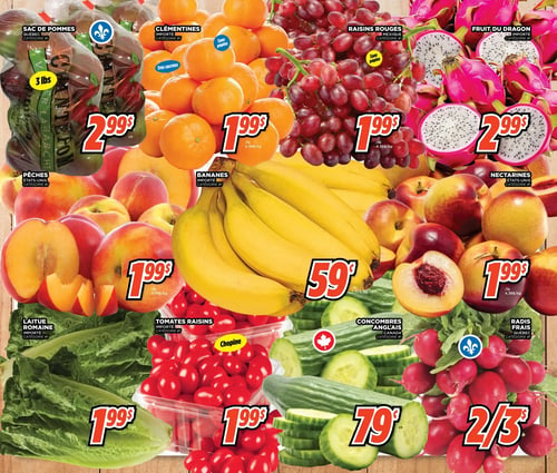 Fruiterie Potager Saint-Eustache / Blainville - Page 2. La page présente une variété de fruits et légumes frais. En haut à gauche, un sac de pommes du Québec de 3 livres est offert à 2,99 $ l'unité. À côté, des clémentines importées, très sucrées et sans pépins, sont à 1,99 $ la livre. Suivent des raisins rouges du Mexique, sans pépins, également à 1,99 $ la livre. En haut à droite, le fruit du dragon importé est à 2,99 $ l'unité. Au centre, des pêches des États-Unis sont à 1,99 $ la livre, et des bananes importées sont à 0,59 $ la livre. Des nectarines des États-Unis sont aussi à 1,99 $ la livre. En bas à gauche, la laitue romaine importée est à 1,99 $ l'unité. À côté, des tomates raisins importées de marque Chopine sont à 1,99 $ l'unité. Des concombres anglais du Canada sont à 0,79 $ l'unité. Enfin, des radis frais du Québec sont offerts à 2 pour 3 $.