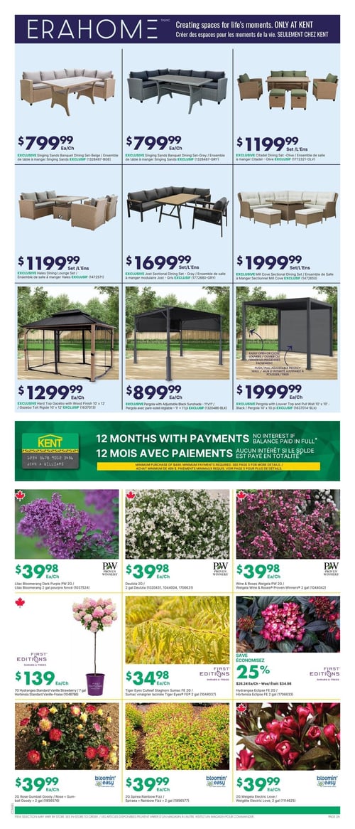 Circulaire Kent - Page 3. La page est dédiée aux aménagements extérieurs EraHome et aux plantes de jardin. En haut, six ensembles de mobilier d'extérieur sont présentés. Deux ensembles de salle à manger Singing Sands, l'un beige et l'autre gris, sont offerts à 799,99 $ chacun. Un ensemble de salle à manger Citadel olive est à 1199,99 $. Un ensemble de salon Hales est à 1199,99 $. Un ensemble de salle à manger modulaire Jost gris est à 1699,99 $. Un ensemble de salle à manger sectionnel Mill Cove est à 1999,99 $. Deux gazebos sont également affichés : un gazebo à toit rigide de 10' x 12' avec finition bois à 1299,99 $ et une pergola avec pare-soleil réglable noir de 11' x 11' à 899,99 $. Une pergola noire de 10' x 10' avec toit à persiennes et mur d'intimité ajustable est à 1999,99 $. Au centre, une offre de financement de 12 mois sans intérêt est disponible si le solde est payé en totalité, avec un achat minimum de 499 $. La section inférieure présente des plantes et arbustes. Le lilas Bloomerang pourpre foncé 2 gallons, le Deutzia 2 gallons et le Weigela Wine & Roses 2 gallons sont chacun à 39,98 $. L'hortensia standard Vanille-Fraise 7 gallons est à 139 $. Le sumac vinaigrier laciniée Tiger Eyes 2 gallons est à 34,98 $. L'hortensia Eclipse 2 gallons est à 26,24 $, un rabais de 25 % sur le prix régulier de 34,98 $. Le rosier Gumball Goody 2 gallons, le Spiraea Rainbow Fizz 2 gallons et le Weigela Electric Love 2 gallons sont chacun à 39,99 $.