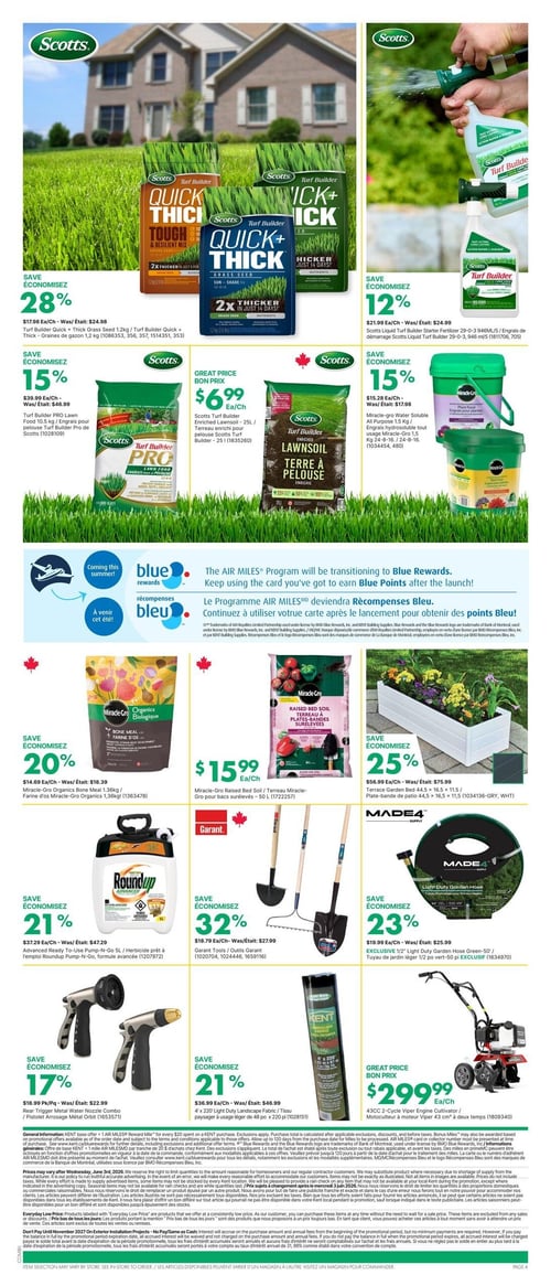 Circulaire Kent - Page 6. En haut à gauche, les graines de gazon Scotts Quick + Thick 1,2 kg sont à 17,98 $, avec 28 % d'économie. En haut à droite, l'engrais de démarrage Scotts Liquid Turf Builder 946 ml est à 21,99 $, avec 12 % d'économie. En dessous, trois produits Scotts et Miracle-Gro : l'engrais pour pelouse Scotts Turf Builder Pro 10,5 kg est à 39,99 $, avec 15 % d'économie; la terre enrichie pour pelouse Scotts Turf Builder 25 l est à 6,99 $; et l'engrais hydrosoluble tout usage Miracle-Gro 1,5 kg est à 15,28 $, avec 15 % d'économie. Une annonce indique que le programme AIR MILES deviendra Récompenses Bleu, invitant à continuer d'utiliser la carte pour obtenir des points Bleu! Sous l'annonce, trois autres produits pour le jardin : la farine d'os Miracle-Gro Organics 1,36 kg est à 14,69 $, avec 20 % d'économie; le terreau Miracle-Gro pour bacs surélevés 50 L est à 15,99 $; et la plate-bande de patio 44,5 x 16,5 x 11,5 est à 56,99 $, avec 25 % d'économie. La partie inférieure de la page présente six articles : l'herbicide prêt à l'emploi Roundup Pump-N-Go 5 L est à 37,29 $, avec 21 % d'économie; les outils Garant (pelle, râteau, bêche) sont à 18,79 $, avec 32 % d'économie; le tuyau de jardin léger Made4 1/2 po vert 50 pi est à 19,99 $, avec 23 % d'économie; le pistolet arrosage métal Orbit est à 16,99 $, avec 17 % d'économie; le tissu paysager 4 pi x 220 pi est à 36,99 $, avec 21 % d'économie; et le motoculteur à moteur Viper 43 cm³ à deux temps est à 299,99 $.