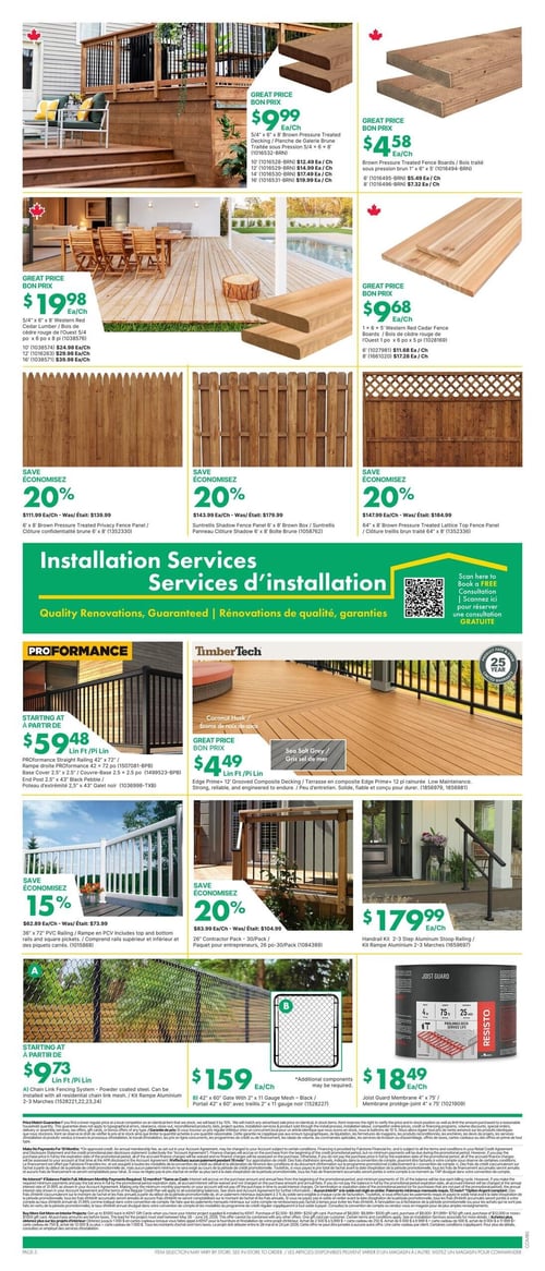 Circulaire Kent - Page 8. La page présente des matériaux de construction et d'aménagement extérieur. On y trouve des planches de galerie en bois traité brun 5/4" x 6" x 8' à 9,99 $ l'unité, et des planches de clôture en bois traité brun 1" x 6" x 5' à 4,58 $ l'unité. Des planches de cèdre rouge de l'Ouest 5/4" x 6" x 8' sont offertes à 19,98 $ l'unité, et des planches de clôture en cèdre rouge 1" x 6" x 5' à 9,68 $ l'unité.

Trois modèles de panneaux de clôture sont en rabais de 20 % : un panneau d'intimité en bois traité brun 6' x 8' à 111,99 $ (était 139,99 $), un panneau Shadow Suntrellis 6' x 8' (brun) à 143,99 $ (était 179,99 $), et un panneau de clôture à treillis en bois traité brun 6' x 8' à 147,99 $ (était 184,99 $).

Kent propose des services d'installation avec des rénovations de qualité garanties, et un code QR est disponible pour réserver une consultation gratuite.

Dans la section des rampes et terrasses, la rampe droite Proformance 42" x 72" est à partir de 59,48 $ le pied linéaire. La terrasse en composite TimberTech Edge Prime+ 12' rainurée, offerte en couleurs Coconut Husk et Sea Salt Grey, est à 4,49 $ le pied linéaire, avec une garantie limitée de 25 ans. Une rampe en PVC 36" x 72" est à 62,89 $ l'unité (était 73,99 $), soit 15 % de rabais. Un paquet pour entrepreneurs de 26-30 pièces est à 83,99 $ l'unité (était 104,99 $), soit 20 % de rabais. Une rampe d'escalier en aluminium pour 2-3 marches est à 179,99 $ l'unité.

Enfin, un système de clôture à mailles de chaîne en acier revêtu de poudre est à partir de 9,73 $ le pied linéaire. Un portail 42" x 60" avec treillis 2" x 11 gauge (noir) est à 159 $ l'unité. Une membrane protège-joint Joist Guard 4" x 75' est à 18,49 $ l'unité. Des informations sur les prix, le financement et les cartes-cadeaux sont disponibles en petits caractères.