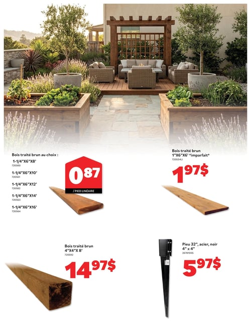 Circulaire Matériaux Pont Masson - Page 2. La page présente une grande image d'un aménagement paysager extérieur avec une pergola en bois, un coin salon avec des meubles de patio, des jardinières surélevées et diverses plantes. En dessous, quatre offres de produits sont affichées. À gauche, du bois traité brun de 1-1/4 pouce x 6 pouces est disponible en longueurs de 8, 10, 12, 14 ou 16 pieds, au prix de 0,87 $ le pied linéaire. À droite, du bois traité brun "imparfait" de 1 pouce x 6 pouces x 6 pieds est offert à 1,97 $. En bas à gauche, du bois traité brun de 4 pouces x 4 pouces x 8 pieds est vendu à 14,97 $. Enfin, en bas à droite, un pieu en acier noir de 32 pouces de long et 4 pouces x 4 pouces est disponible pour 5,97 $.