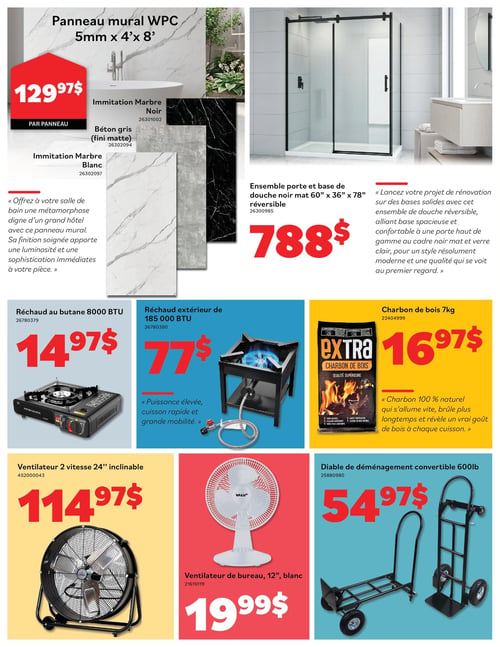 Circulaire Matériaux Pont Masson - Page 3. La page présente divers produits pour la maison et le plein air. En haut à gauche, un panneau mural WPC de 5 millimètres d'épaisseur par 4 pieds par 8 pieds est offert à 129,97 $ par panneau. Il est disponible en imitation marbre noir, béton gris (fini mat) et imitation marbre blanc, et est décrit comme idéal pour transformer une salle de bain. À droite, un ensemble porte et base de douche noir mat, réversible, mesurant 60 pouces par 36 pouces par 78 pouces, est affiché à 788 $. Il est présenté comme une solution moderne et de qualité pour un projet de rénovation. Au centre de la page, un réchaud au butane de 8000 BTU est à 14,97 $. À côté, un réchaud extérieur de 185 000 BTU est à 77 $, soulignant sa puissance élevée et sa grande mobilité. Plus à droite, un sac de charbon de bois de 7 kilogrammes est vendu à 16,97 $, décrit comme 100 % naturel et à combustion longue. En bas de page, un ventilateur inclinable de 24 pouces à 2 vitesses est à 114,97 $. Un ventilateur de bureau blanc de 12 pouces est à 19,99 $. Enfin, un diable de déménagement convertible d'une capacité de 600 livres est disponible pour 54,97 $.