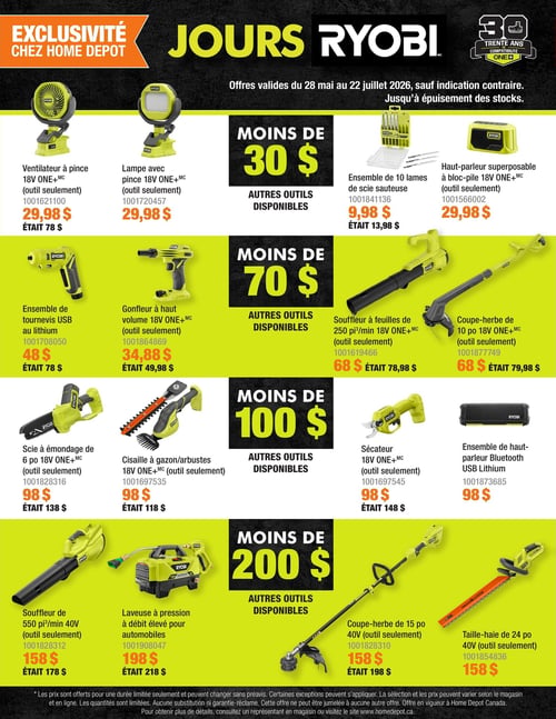 Home Depot - Page 3. La page est intitulée "Jours Ryobi" et met en avant des offres exclusives valides du 28 mai au 22 juillet 2026. La page est divisée en quatre sections de rabais. La première section, "Moins de 30 $", présente un ventilateur à pince 18V ONE+ (outil seulement) à 29,98 $, auparavant 78 $. Une lampe avec pince 18V ONE+ (outil seulement) est à 29,98 $, auparavant 78 $. Un ensemble de 10 lames de scie sauteuse est à 9,98 $, auparavant 13,98 $. Un haut-parleur superposable à bloc-pile 18V ONE+ (outil seulement) est à 29,98 $, auparavant 78 $. La deuxième section, "Moins de 70 $", propose un ensemble de tournevis USB au lithium à 48 $, auparavant 78 $. Un gonfleur à haut volume 18V ONE+ (outil seulement) est à 34,88 $, auparavant 49,98 $. Un souffleur à feuilles de 250 pieds cubes par minute 18V ONE+ (outil seulement) est à 68 $, auparavant 78,98 $. Une coupe-herbe de 10 pouces 18V ONE+ (outil seulement) est à 68 $, auparavant 79,98 $. La troisième section, "Moins de 100 $", inclut une scie à émondage de 6 pouces 18V ONE+ (outil seulement) à 98 $, auparavant 138 $. Une cisaille à gazon/arbustes 18V ONE+ (outil seulement) est à 98 $, auparavant 118 $. Un sécateur 18V ONE+ (outil seulement) est à 98 $, auparavant 148 $. Un ensemble de haut-parleur Bluetooth USB Lithium est à 98 $, auparavant 138 $. La dernière section, "Moins de 200 $", offre un souffleur de 550 pieds cubes par minute 40V (outil seulement) à 158 $, auparavant 178 $. Une laveuse à pression à débit élevé pour automobiles est à 198 $, auparavant 218 $. Une coupe-herbe de 15 pouces 40V (outil seulement) est à 158 $, auparavant 198 $. Enfin, une taille-haie de 24 pouces 40V (outil seulement) est à 158 $, auparavant 198 $.